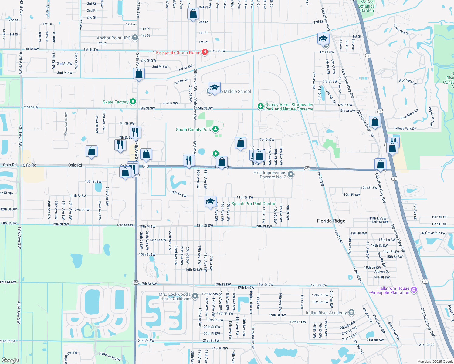map of restaurants, bars, coffee shops, grocery stores, and more near 1549 15th Circle Southwest in Vero Beach