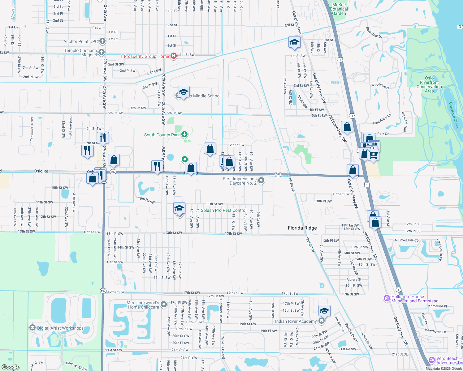 map of restaurants, bars, coffee shops, grocery stores, and more near 1155 9th Street Southwest in Vero Beach