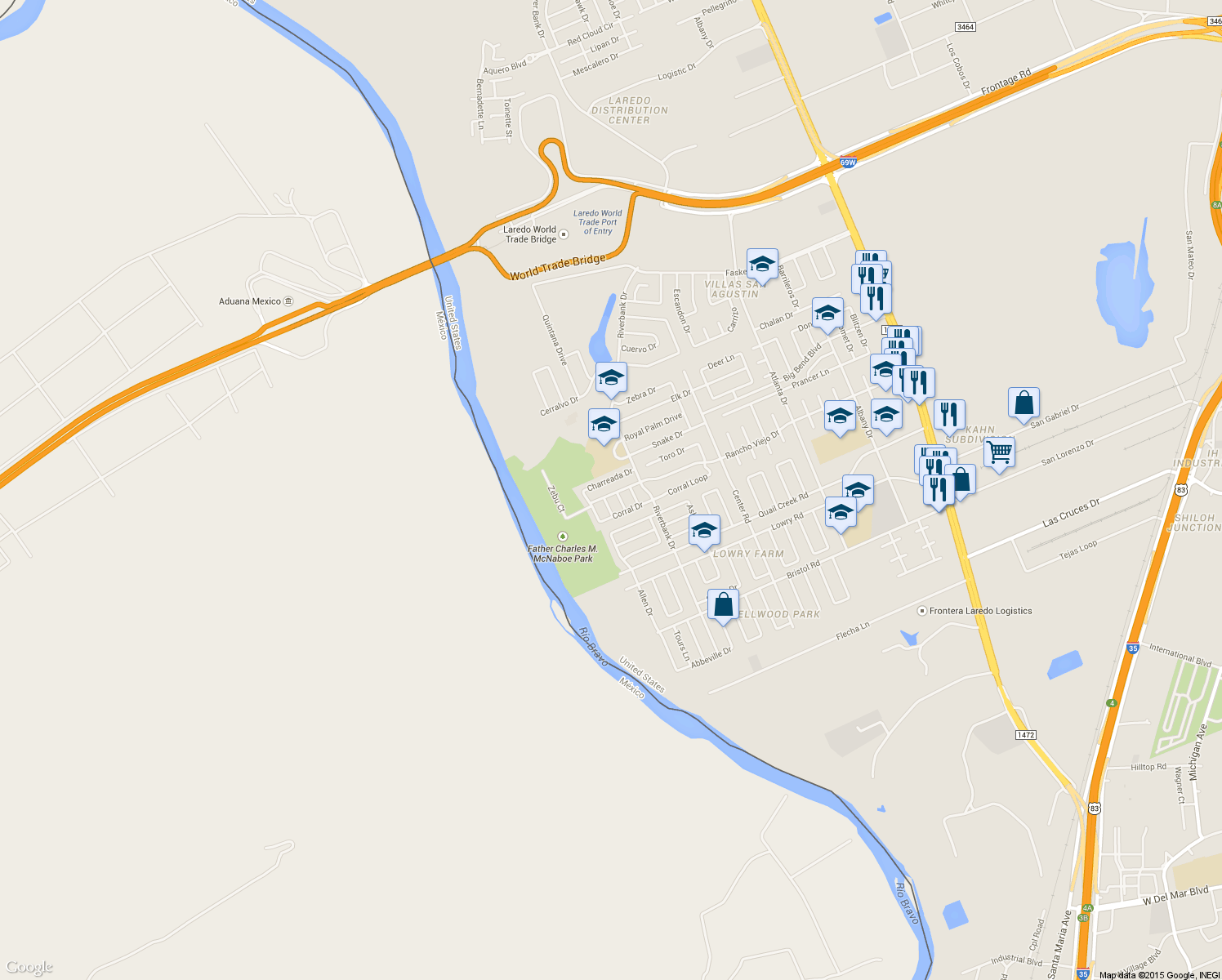 map of restaurants, bars, coffee shops, grocery stores, and more near 214 Rancho Viejo Drive in Laredo
