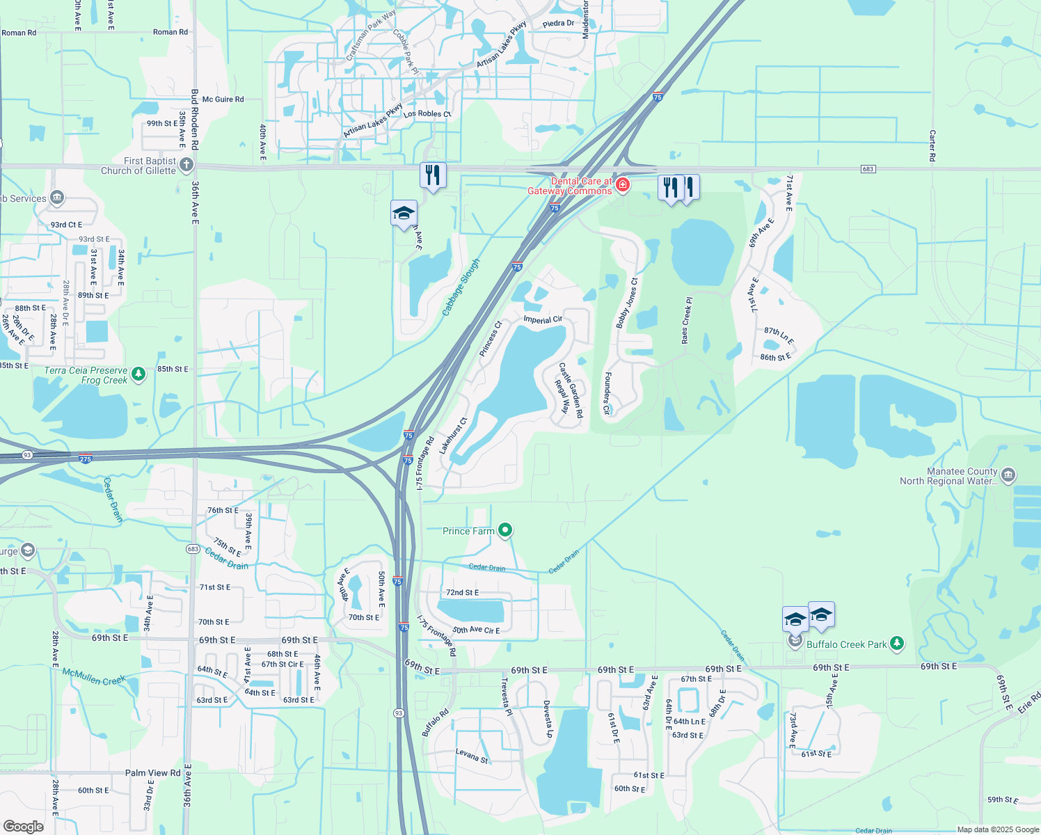 map of restaurants, bars, coffee shops, grocery stores, and more near 5426 Lakehurst Court in Palmetto