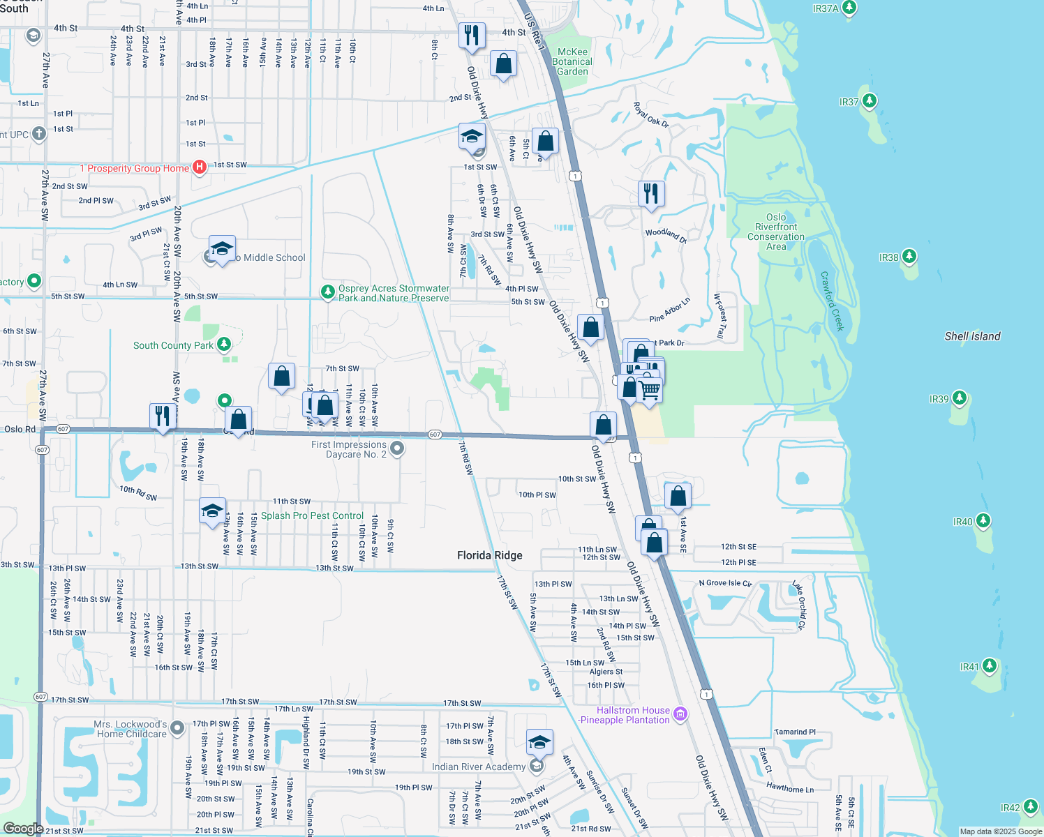map of restaurants, bars, coffee shops, grocery stores, and more near 550 9th Street Southwest in Vero Beach