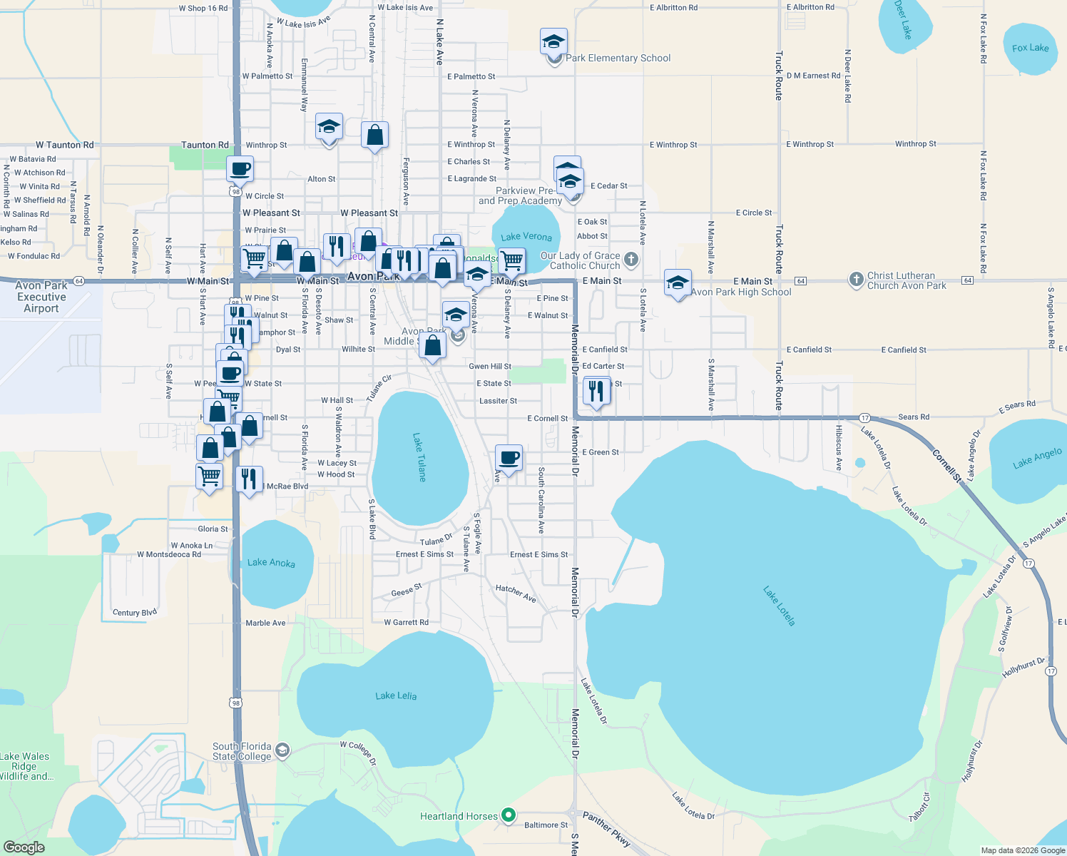 map of restaurants, bars, coffee shops, grocery stores, and more near 220 East Cornell Street in Avon Park