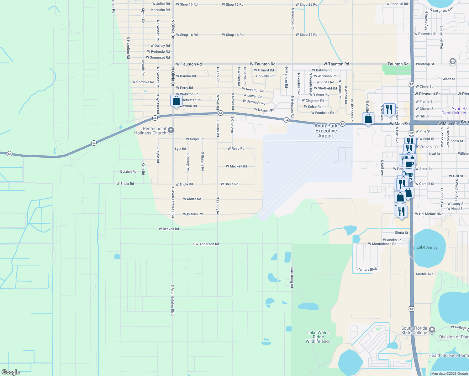 map of restaurants, bars, coffee shops, grocery stores, and more near 2261 West Shula Road in Avon Park