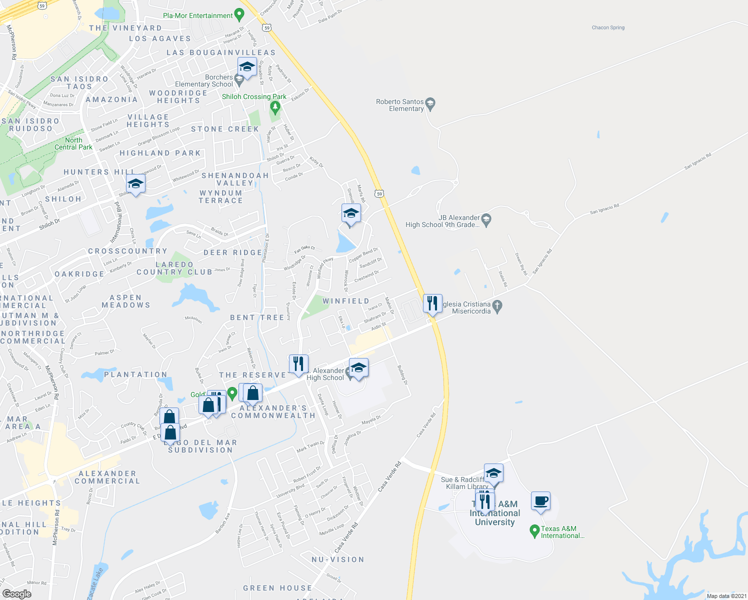 map of restaurants, bars, coffee shops, grocery stores, and more near 3913 Rasoul Dr in Laredo