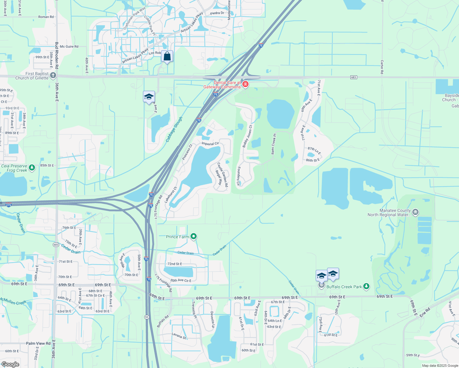 map of restaurants, bars, coffee shops, grocery stores, and more near 8432 Castle Garden Road in Palmetto