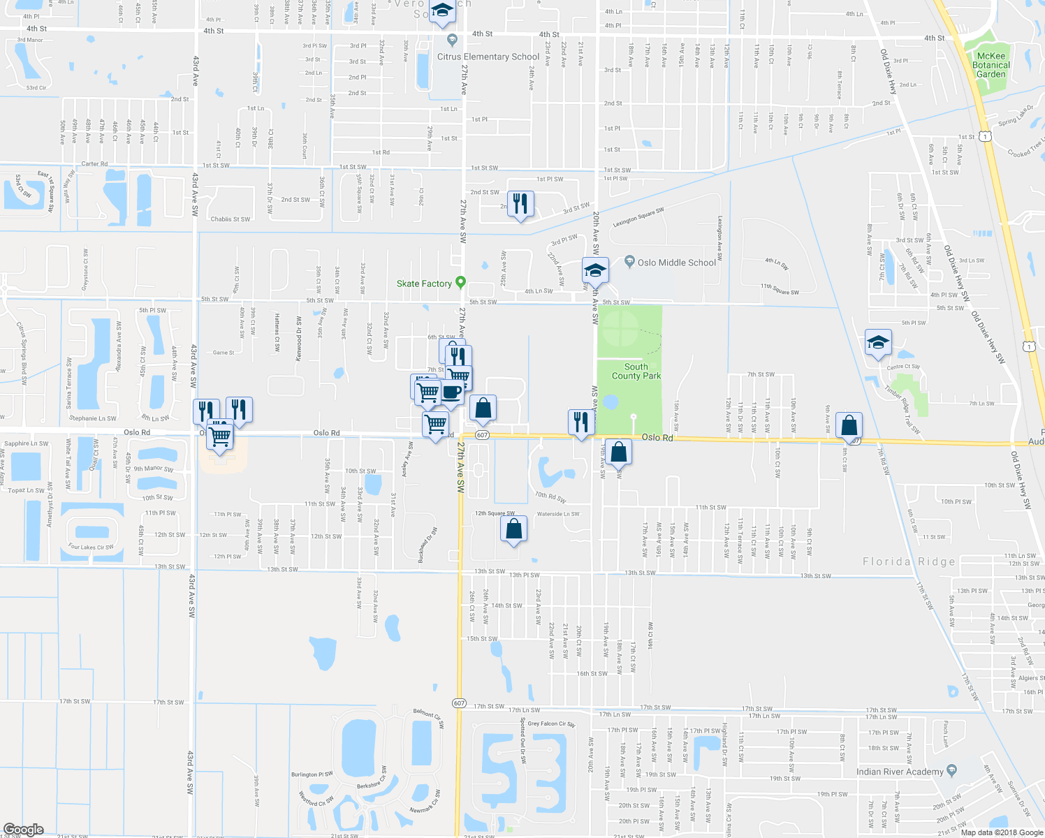 map of restaurants, bars, coffee shops, grocery stores, and more near 830 Middleton Drive Southwest in Vero Beach
