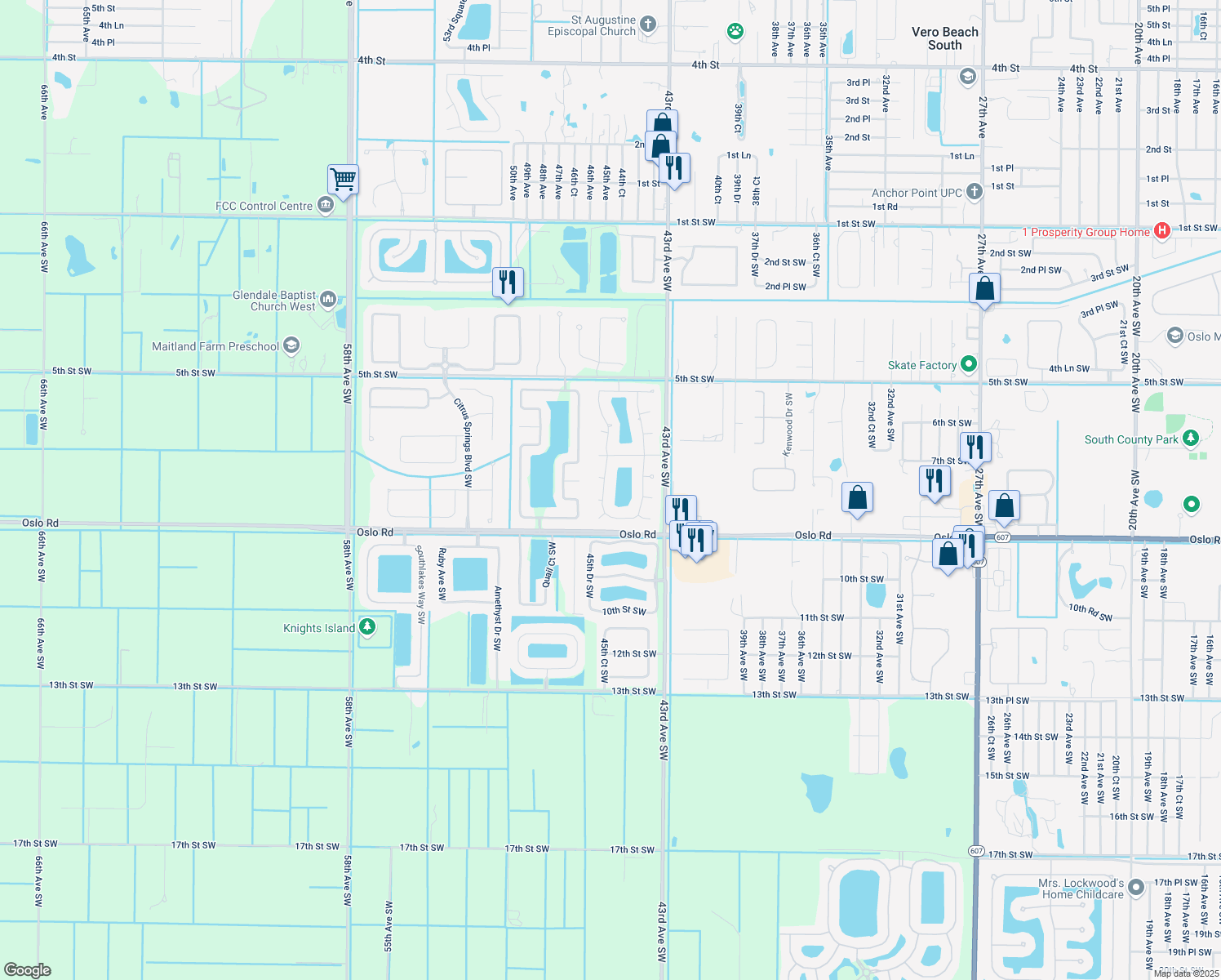 map of restaurants, bars, coffee shops, grocery stores, and more near 680 45th Court Southwest in Vero Beach