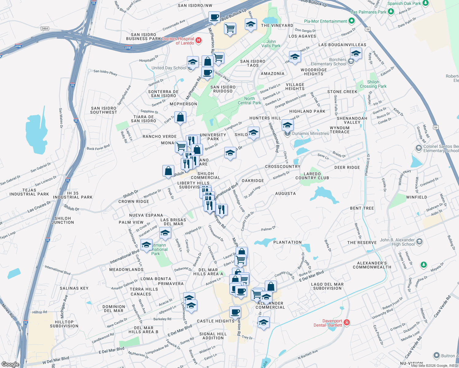 map of restaurants, bars, coffee shops, grocery stores, and more near 8770 Augusta Loop in Laredo