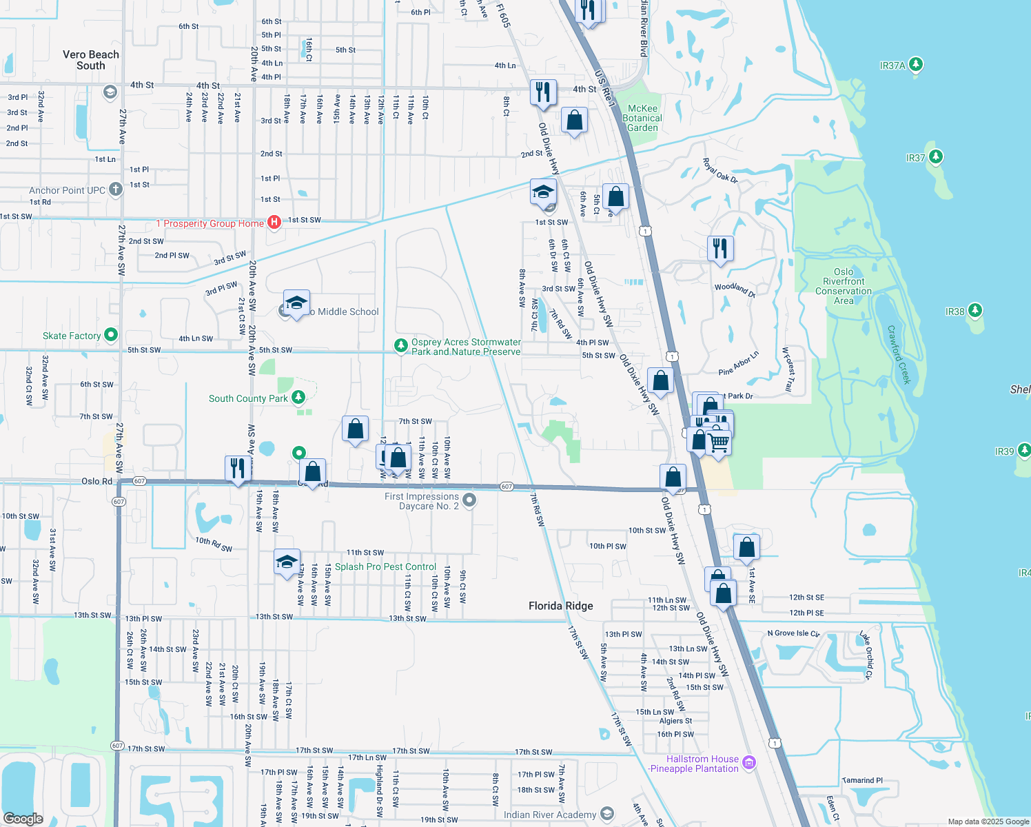 map of restaurants, bars, coffee shops, grocery stores, and more near 685 Fox Run SW in Vero Beach