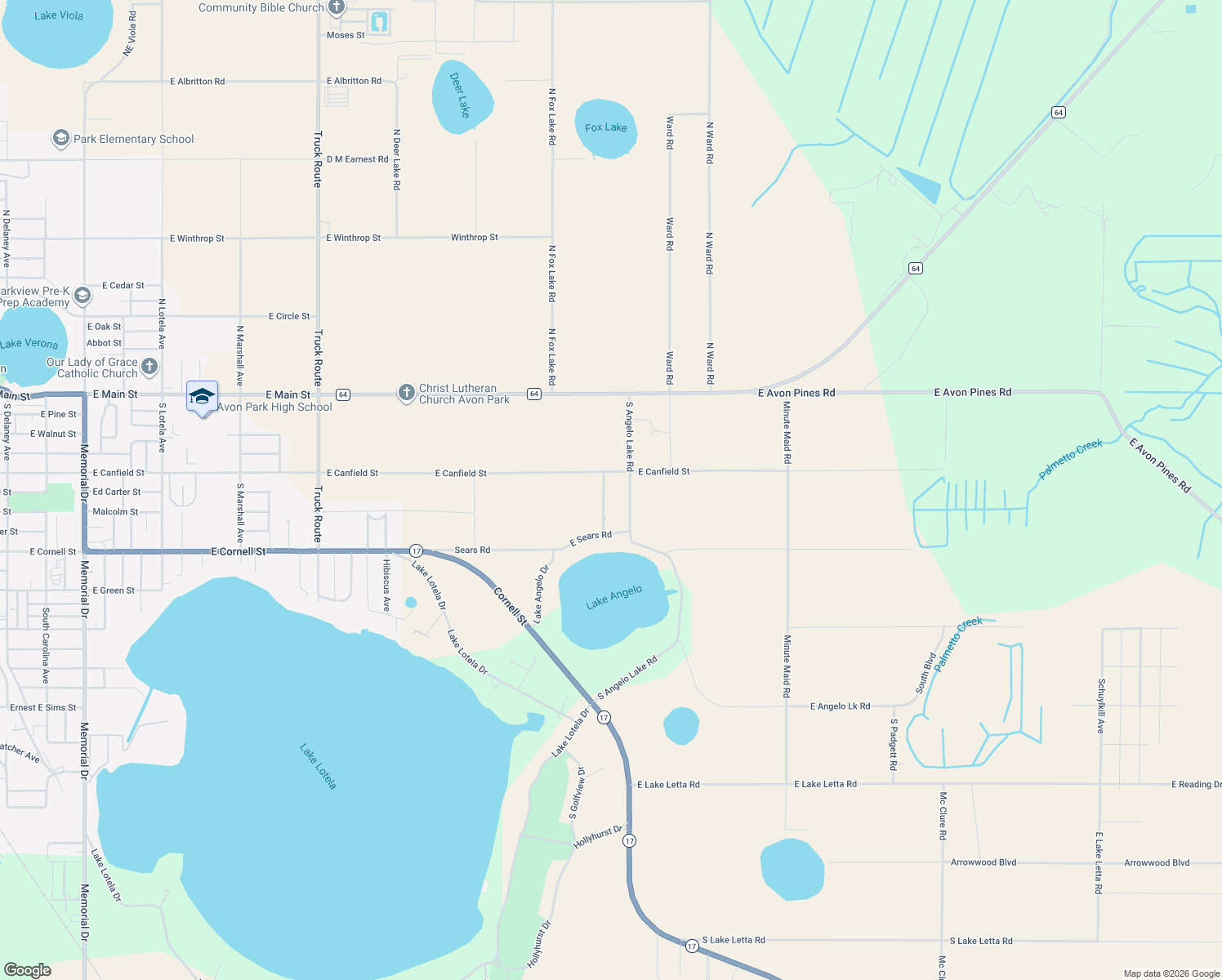 map of restaurants, bars, coffee shops, grocery stores, and more near 411 South Christy Jo Drive in Avon Park