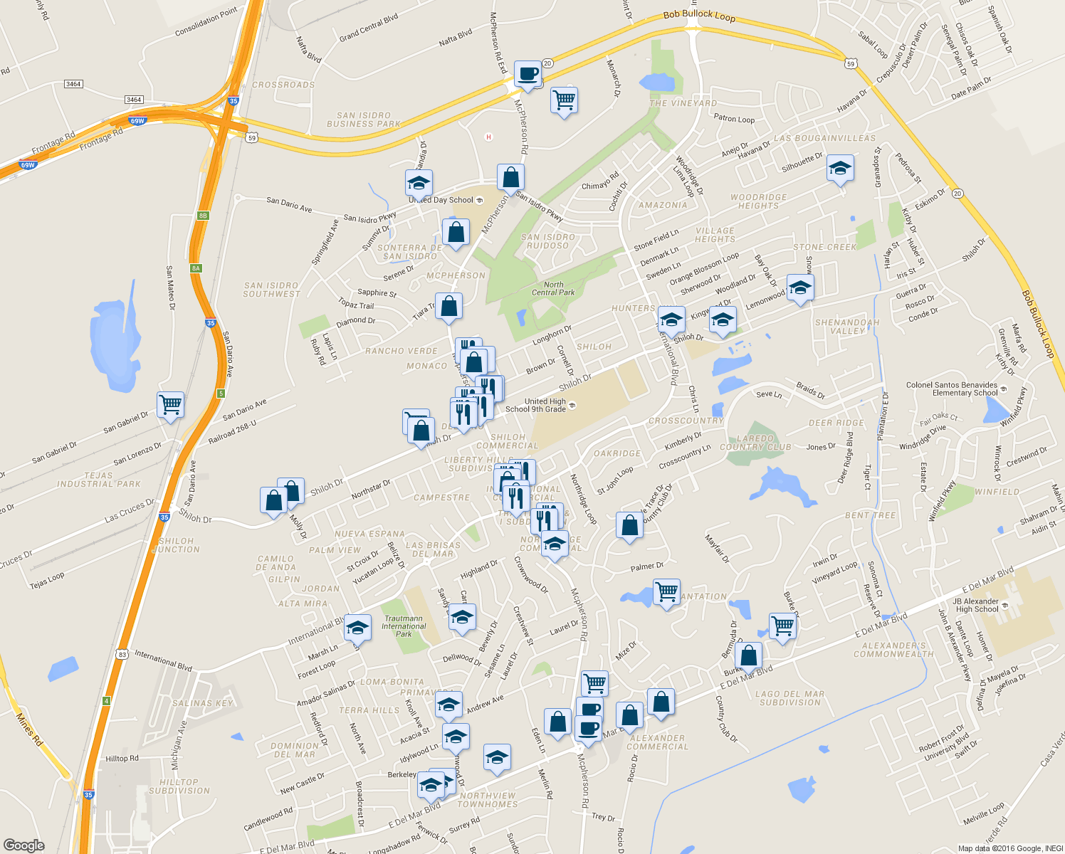 map of restaurants, bars, coffee shops, grocery stores, and more near 8814 Shama Circle in Laredo