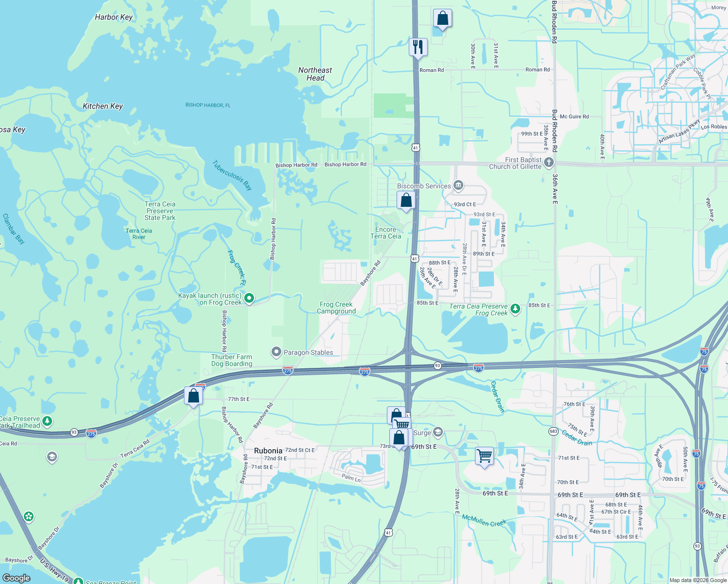 map of restaurants, bars, coffee shops, grocery stores, and more near 8600 Bayshore Road in Palmetto