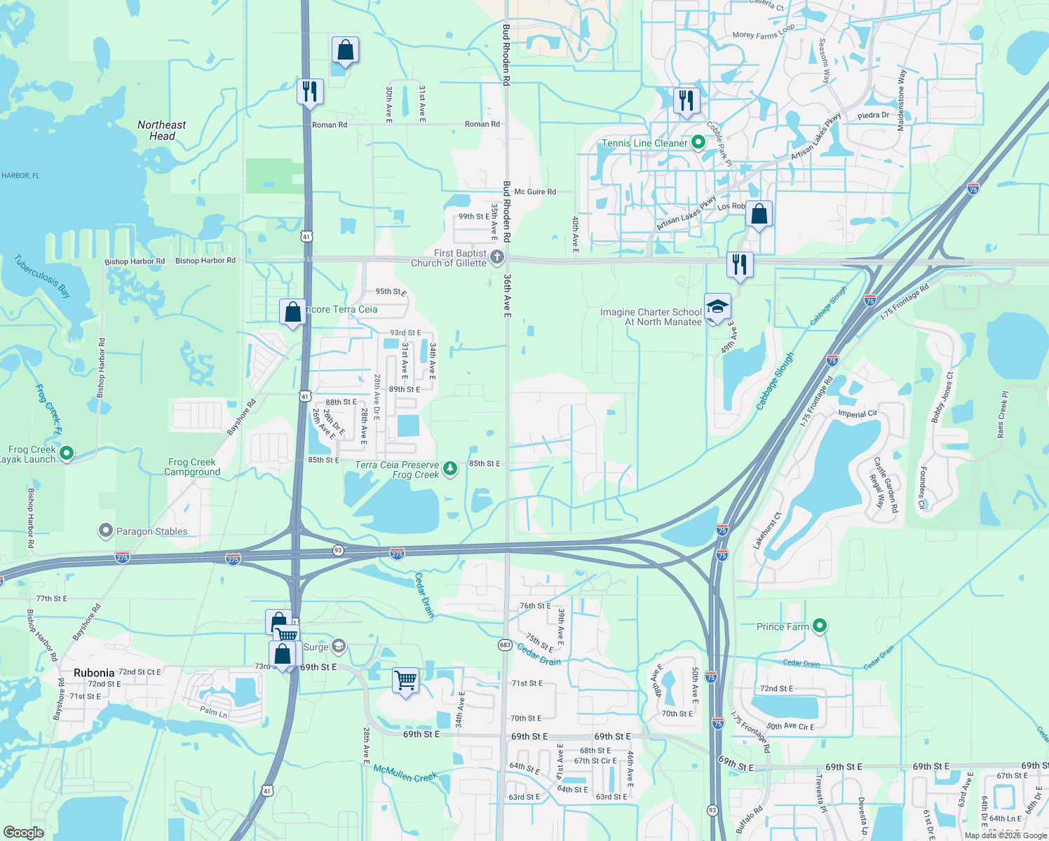 map of restaurants, bars, coffee shops, grocery stores, and more near 8716 36th Avenue East in Palmetto