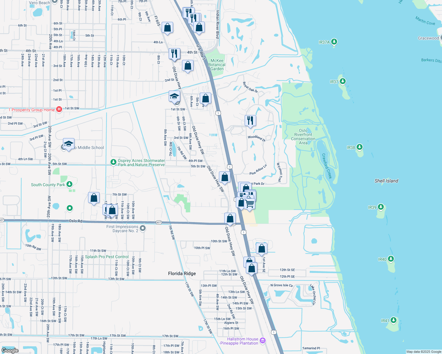 map of restaurants, bars, coffee shops, grocery stores, and more near 580 Old Dixie Highway Southwest in Vero Beach
