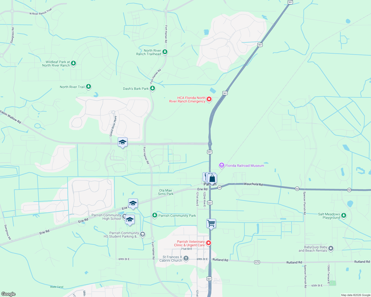 map of restaurants, bars, coffee shops, grocery stores, and more near 11961 Moccasin Wallow Road in Parrish