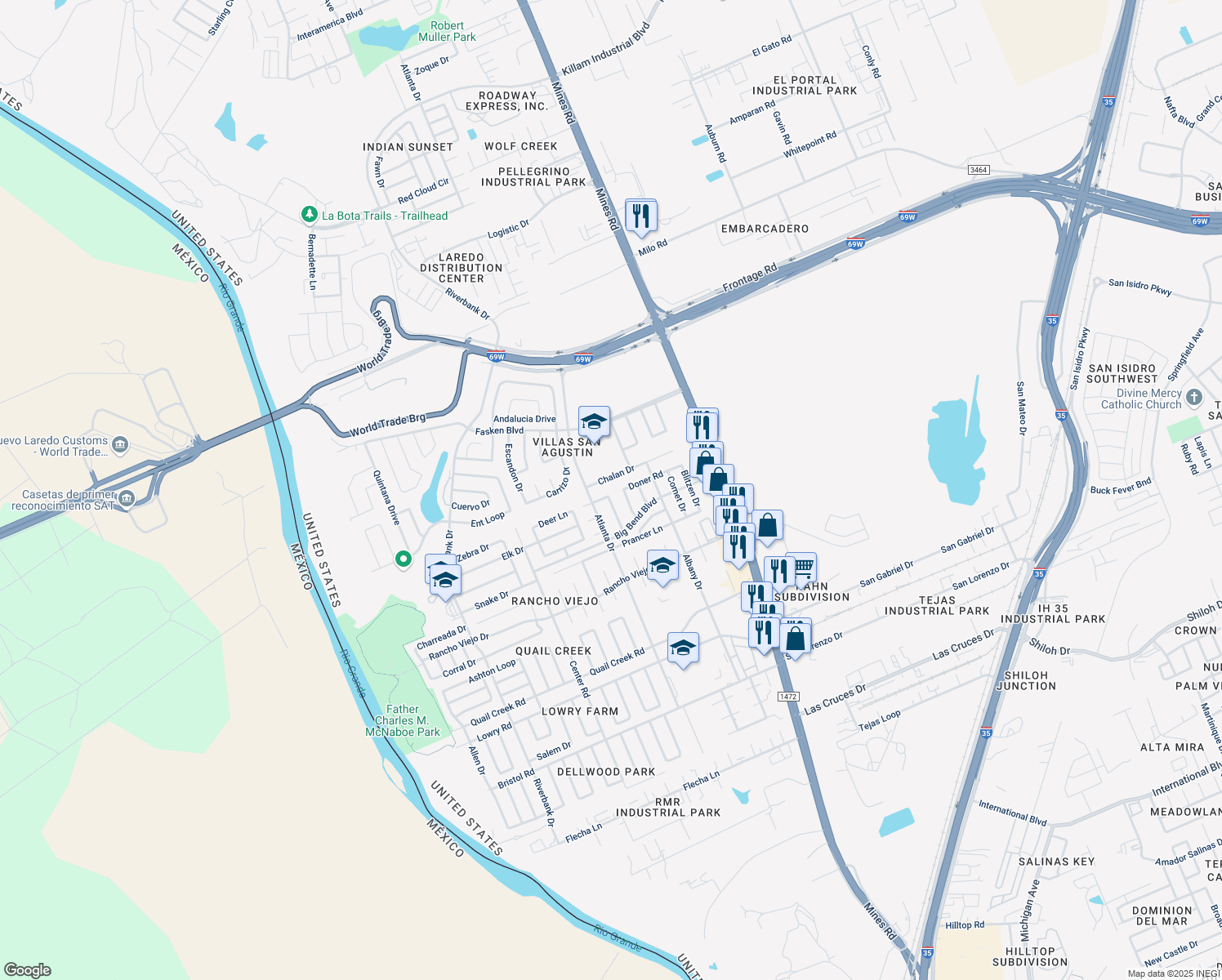 map of restaurants, bars, coffee shops, grocery stores, and more near 814 Noel Lane in Laredo