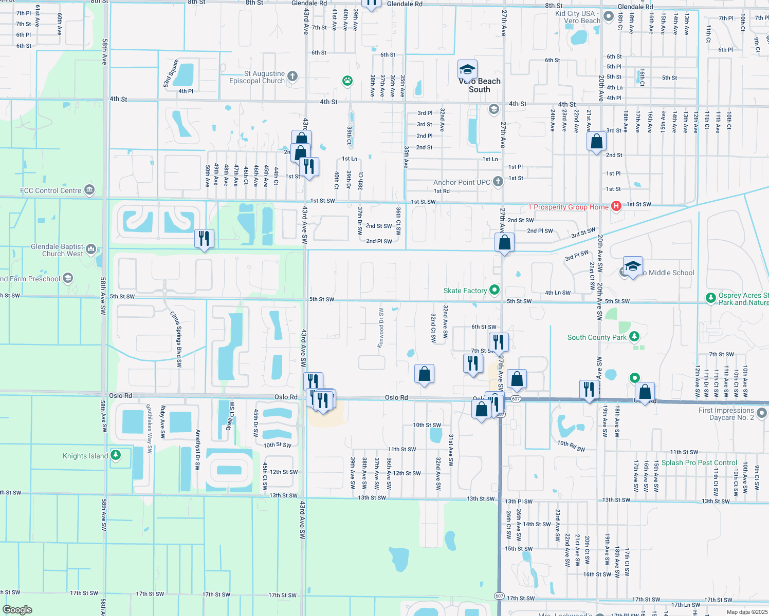 map of restaurants, bars, coffee shops, grocery stores, and more near 540 Kenwood Drive Southwest in Vero Beach