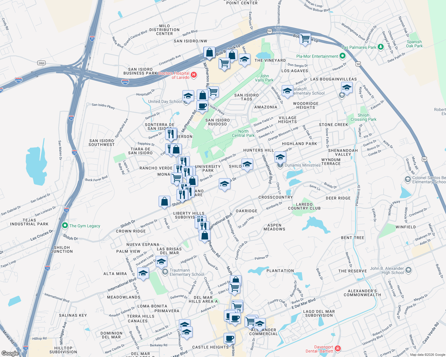 map of restaurants, bars, coffee shops, grocery stores, and more near 1241 Whisper Hill Dr in Laredo