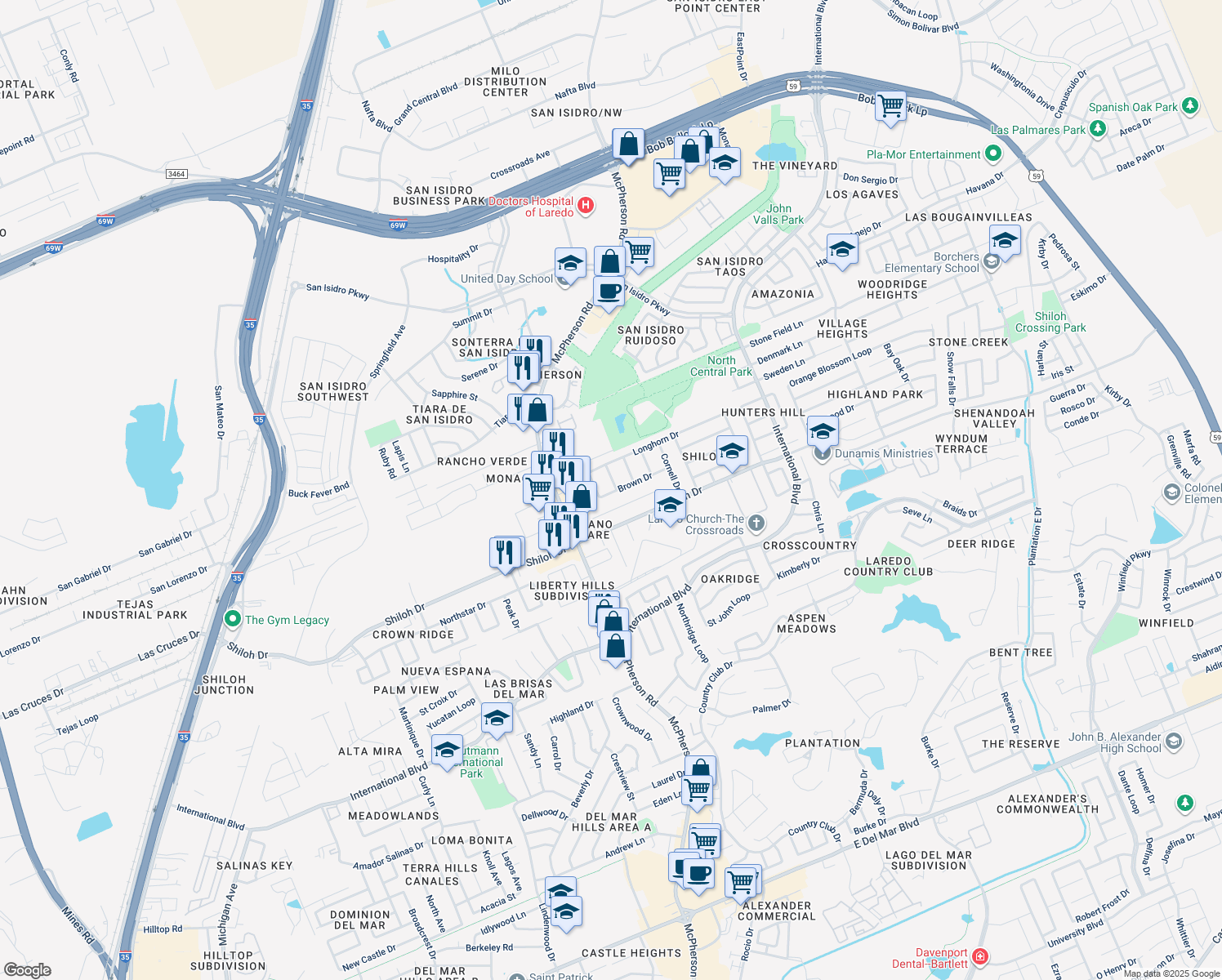 map of restaurants, bars, coffee shops, grocery stores, and more near 9002 Princeton Street in Laredo