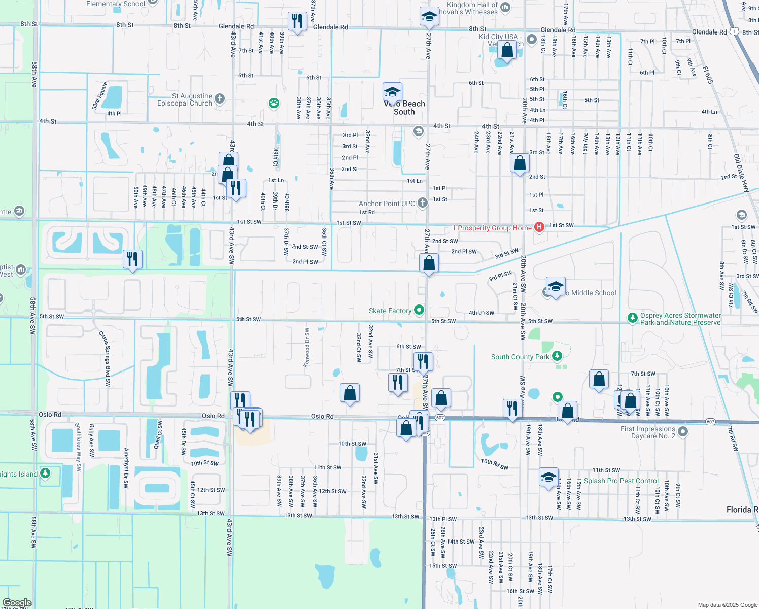 map of restaurants, bars, coffee shops, grocery stores, and more near 425 30th Court Southwest in Vero Beach