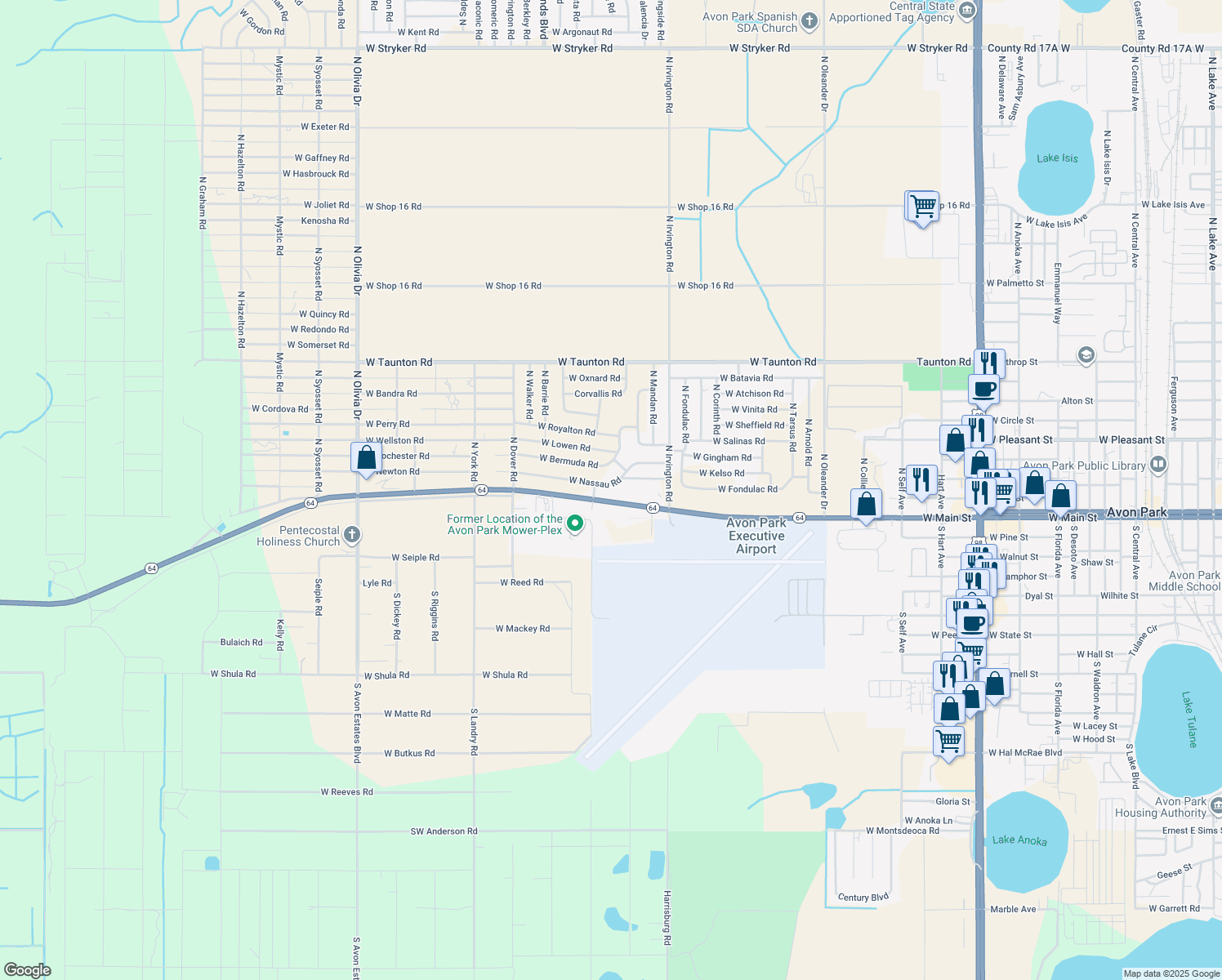 map of restaurants, bars, coffee shops, grocery stores, and more near 2057 West Nassau Road in Avon Park