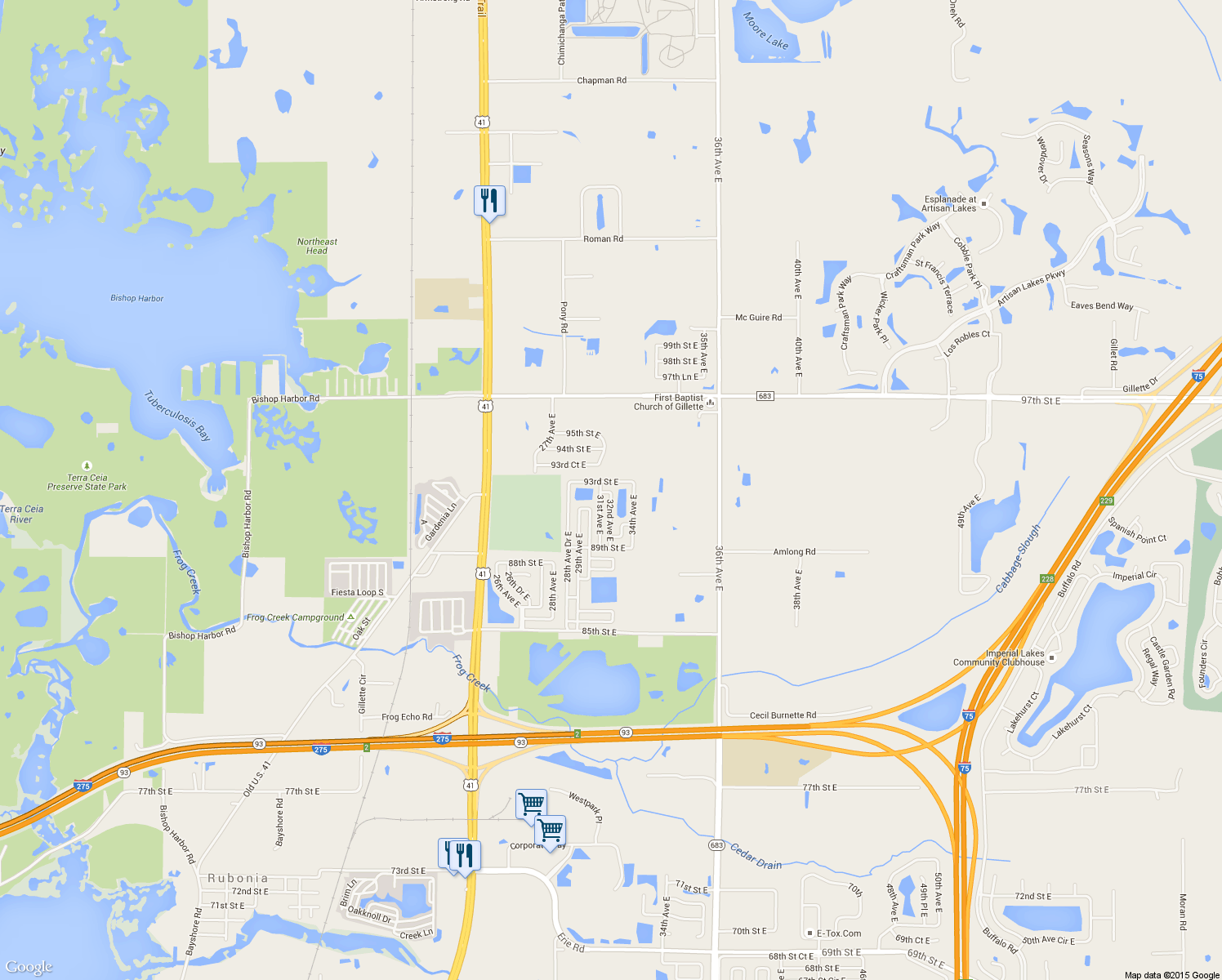 map of restaurants, bars, coffee shops, grocery stores, and more near 3110 92nd Street Court East in Palmetto