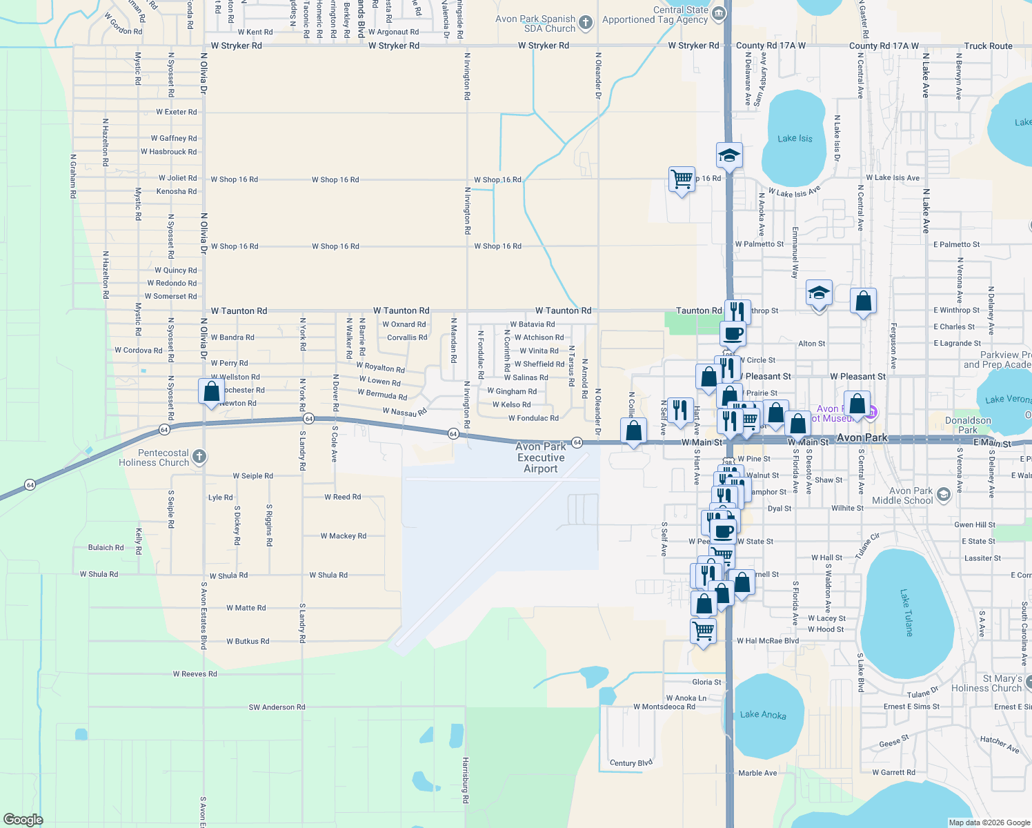 map of restaurants, bars, coffee shops, grocery stores, and more near 1742 West Fondulac Road in Avon Park