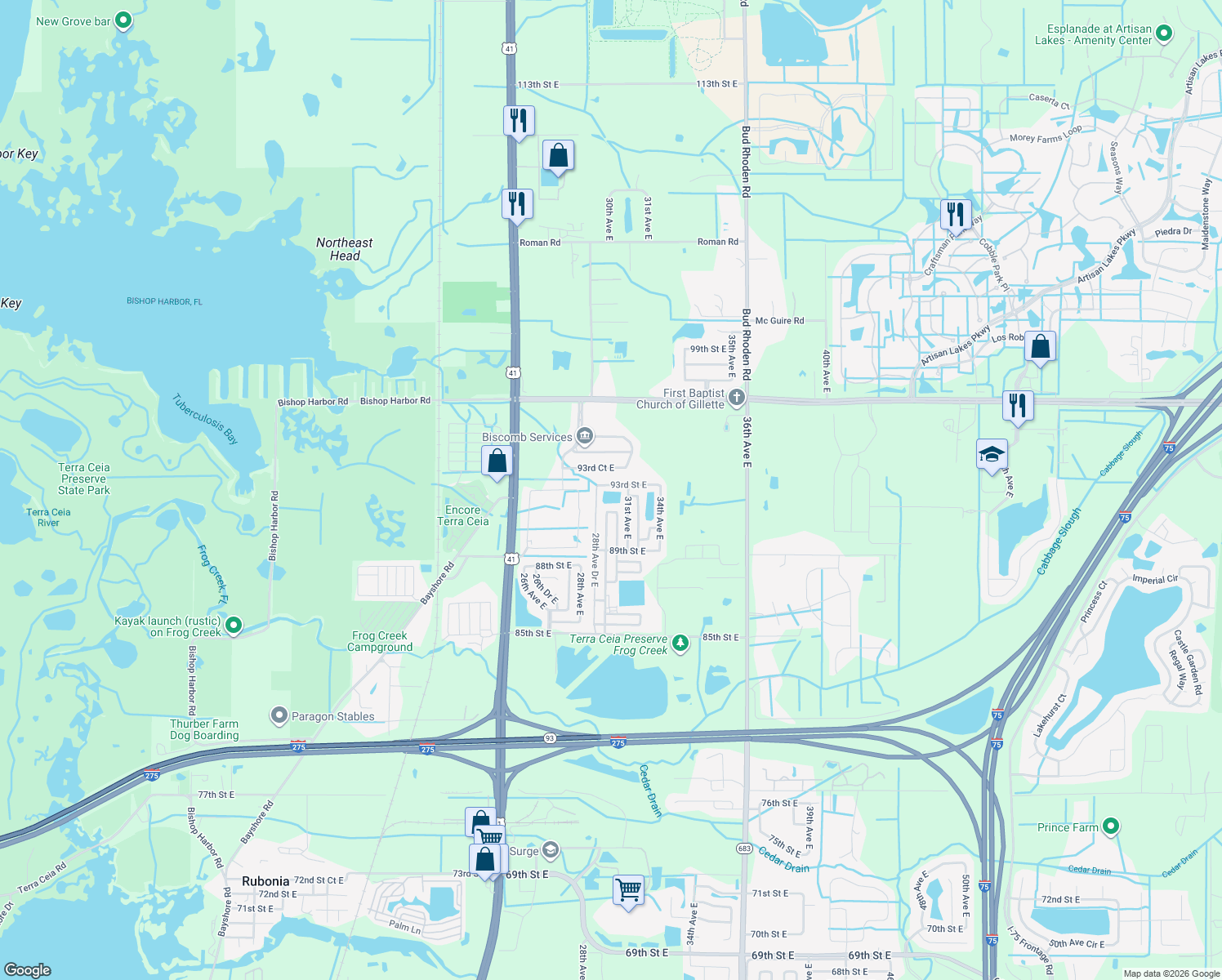 map of restaurants, bars, coffee shops, grocery stores, and more near 3003 93rd Street East in Palmetto