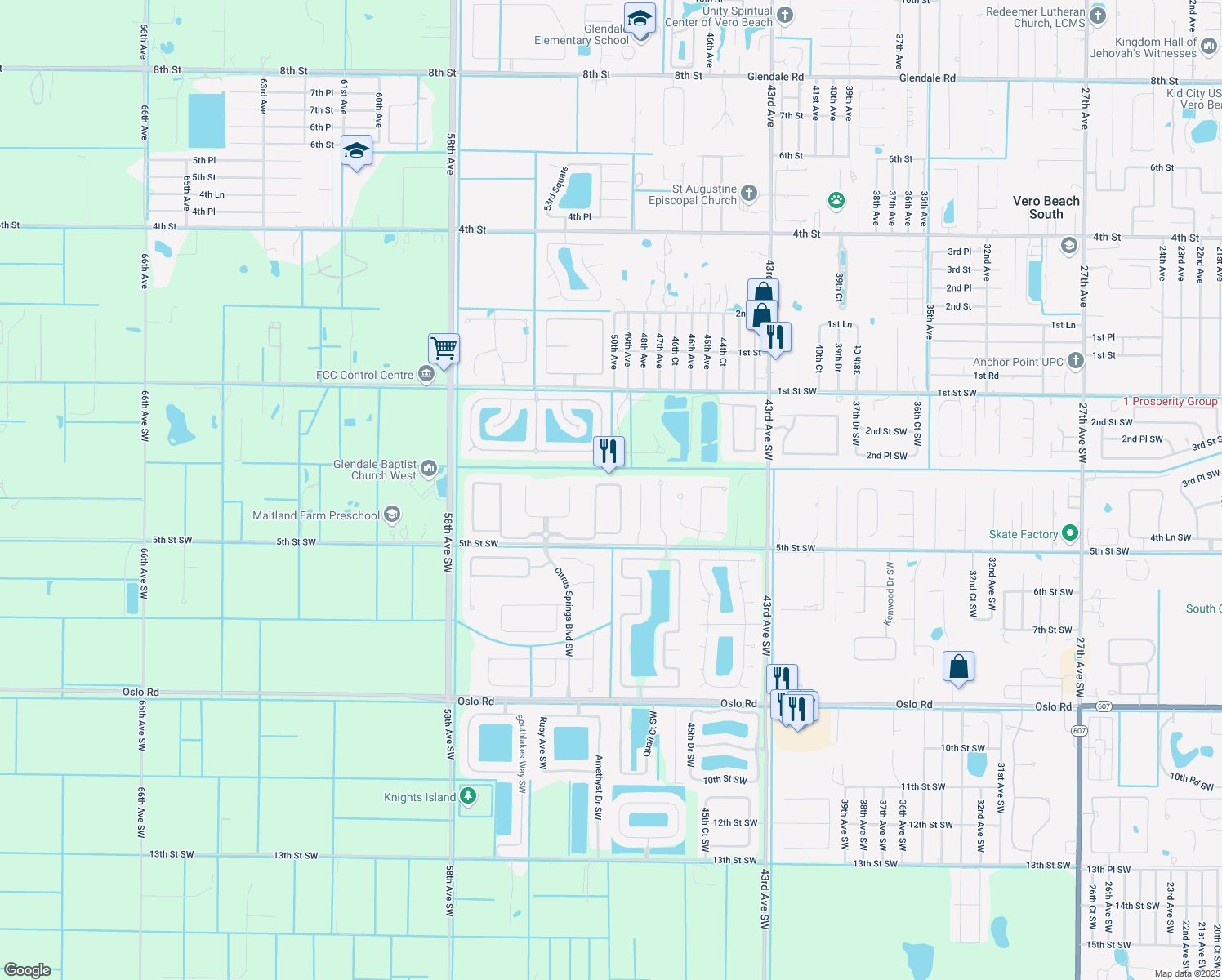 map of restaurants, bars, coffee shops, grocery stores, and more near 416 North Key Lime Square Southwest in Vero Beach