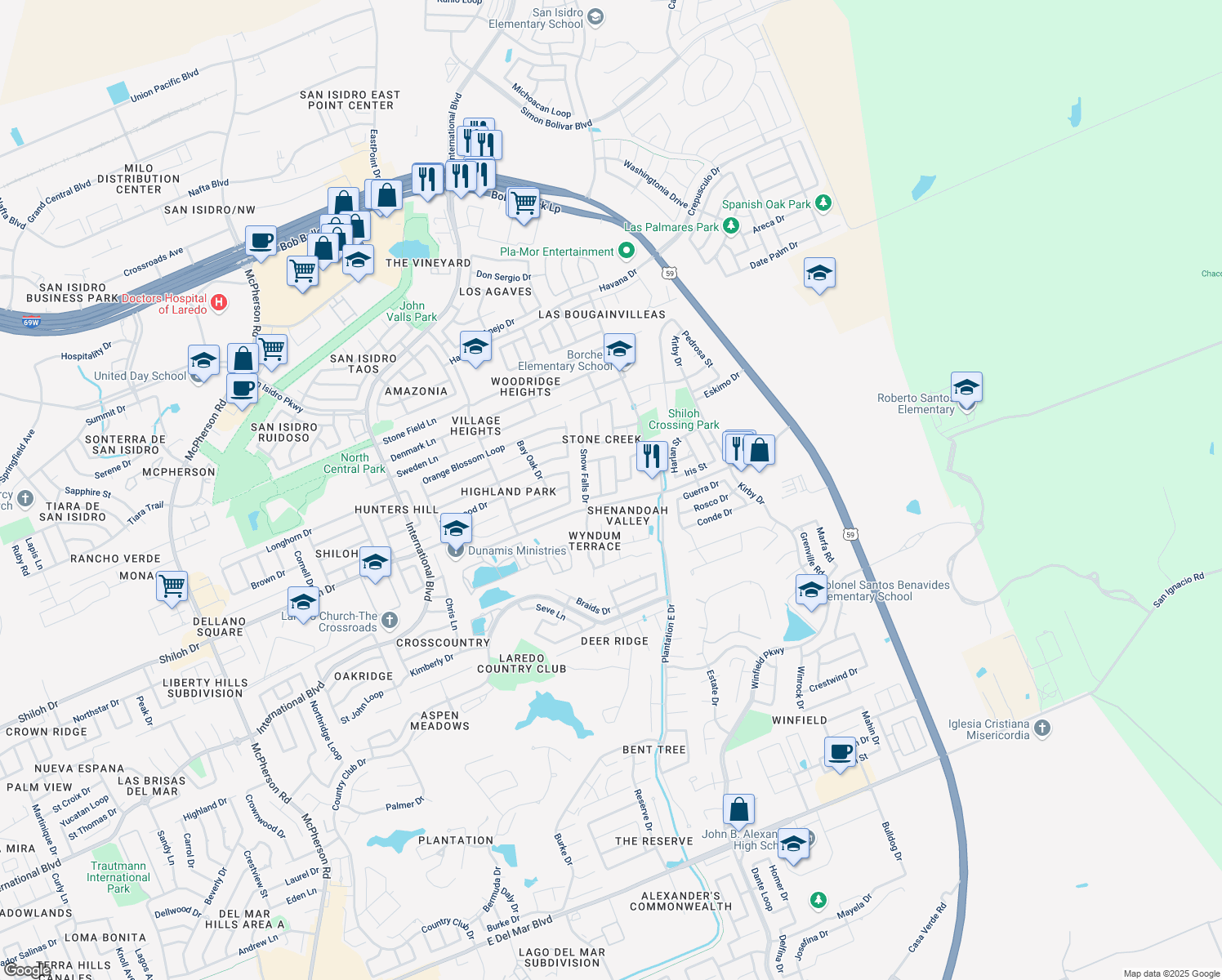 map of restaurants, bars, coffee shops, grocery stores, and more near 8980 Foggy Loop in Laredo