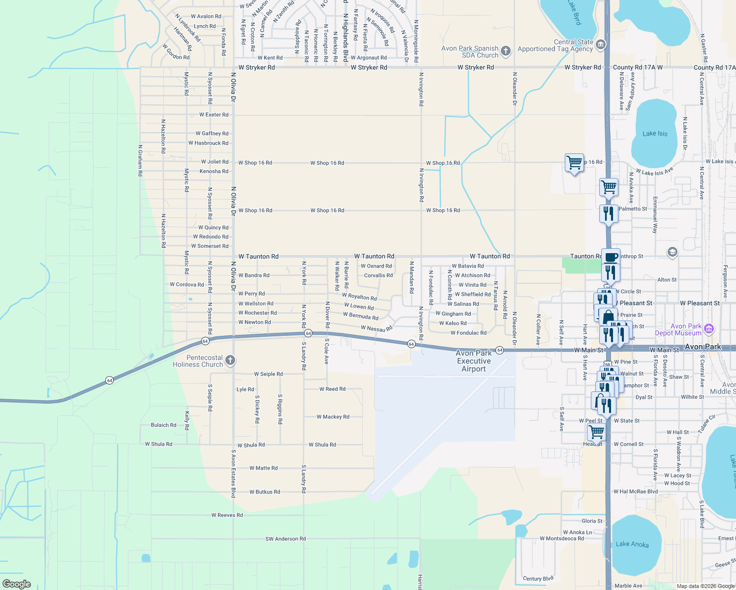 map of restaurants, bars, coffee shops, grocery stores, and more near 2068 West Royalton Road in Avon Park