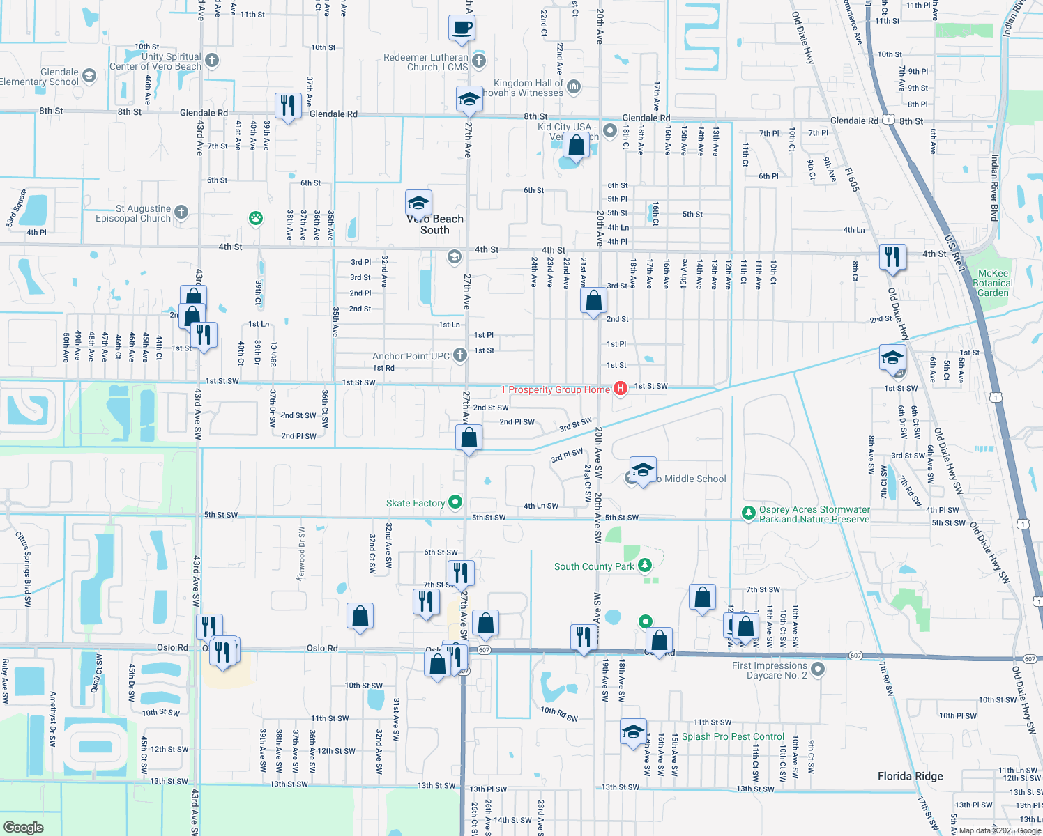 map of restaurants, bars, coffee shops, grocery stores, and more near 2434 2nd Place Southwest in Vero Beach