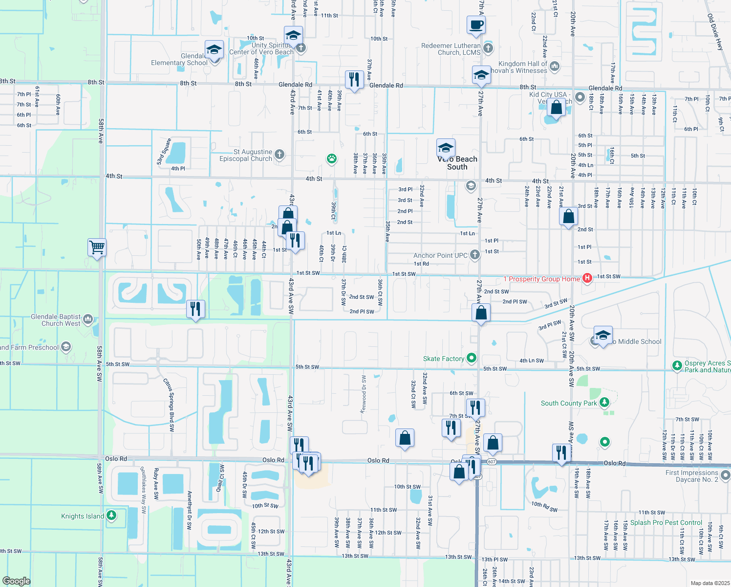 map of restaurants, bars, coffee shops, grocery stores, and more near 3632 2nd Street Southwest in Vero Beach