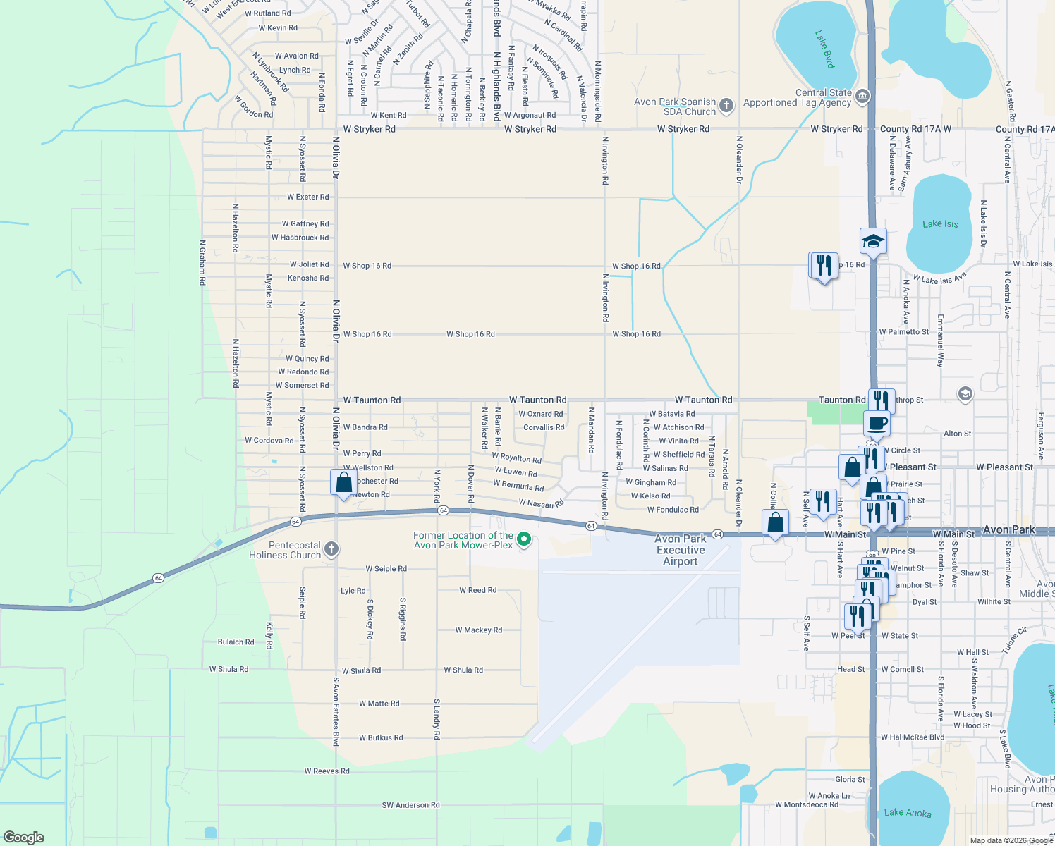 map of restaurants, bars, coffee shops, grocery stores, and more near 2055 Corvallis Road in Avon Park