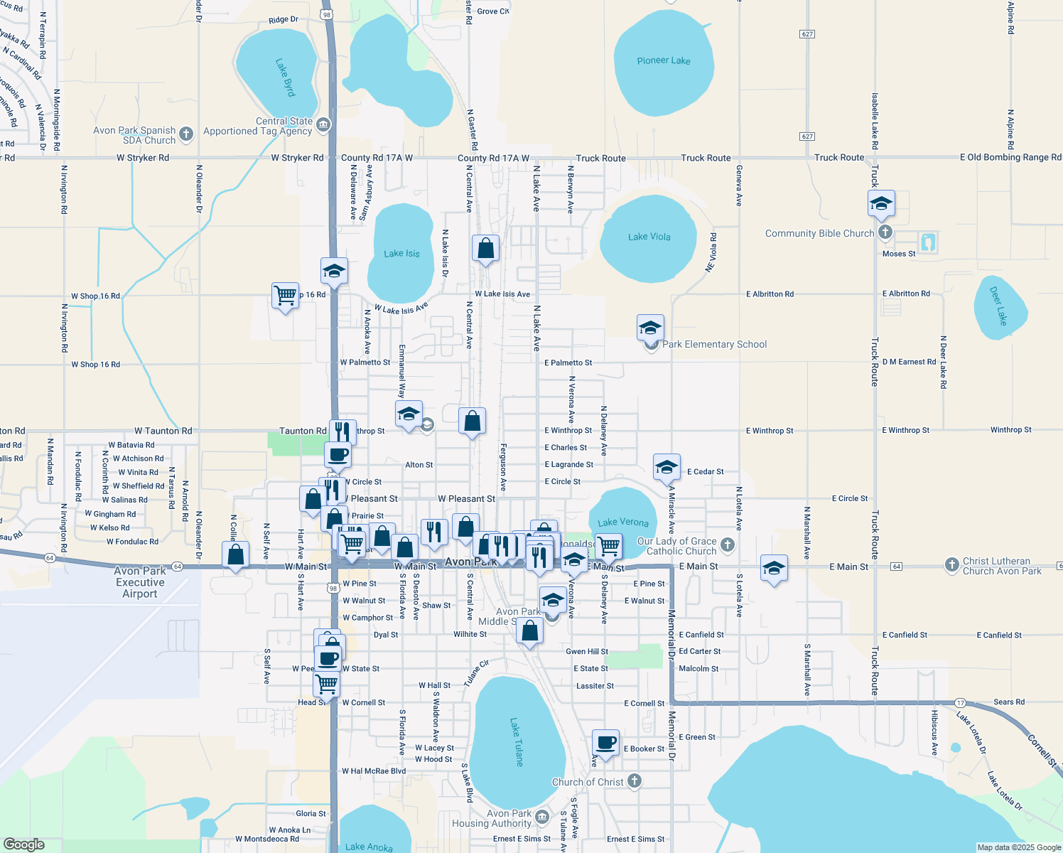 map of restaurants, bars, coffee shops, grocery stores, and more near 2 Lawhon Street in Avon Park