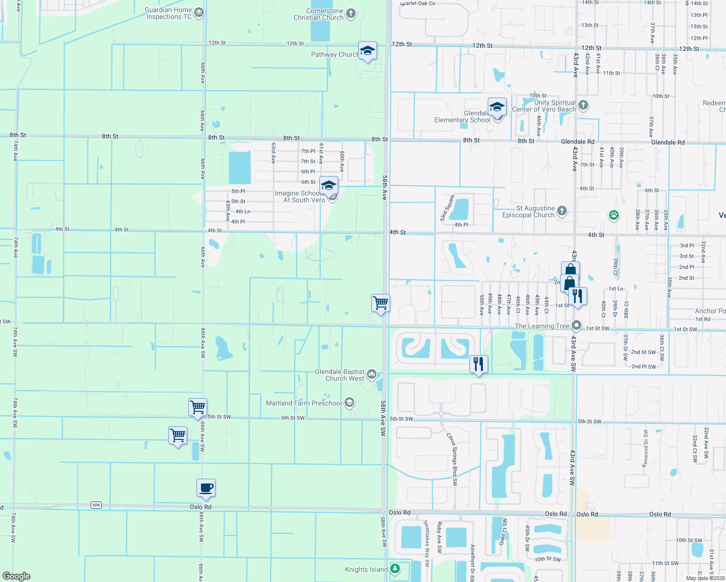 map of restaurants, bars, coffee shops, grocery stores, and more near 205 58th Avenue in Vero Beach