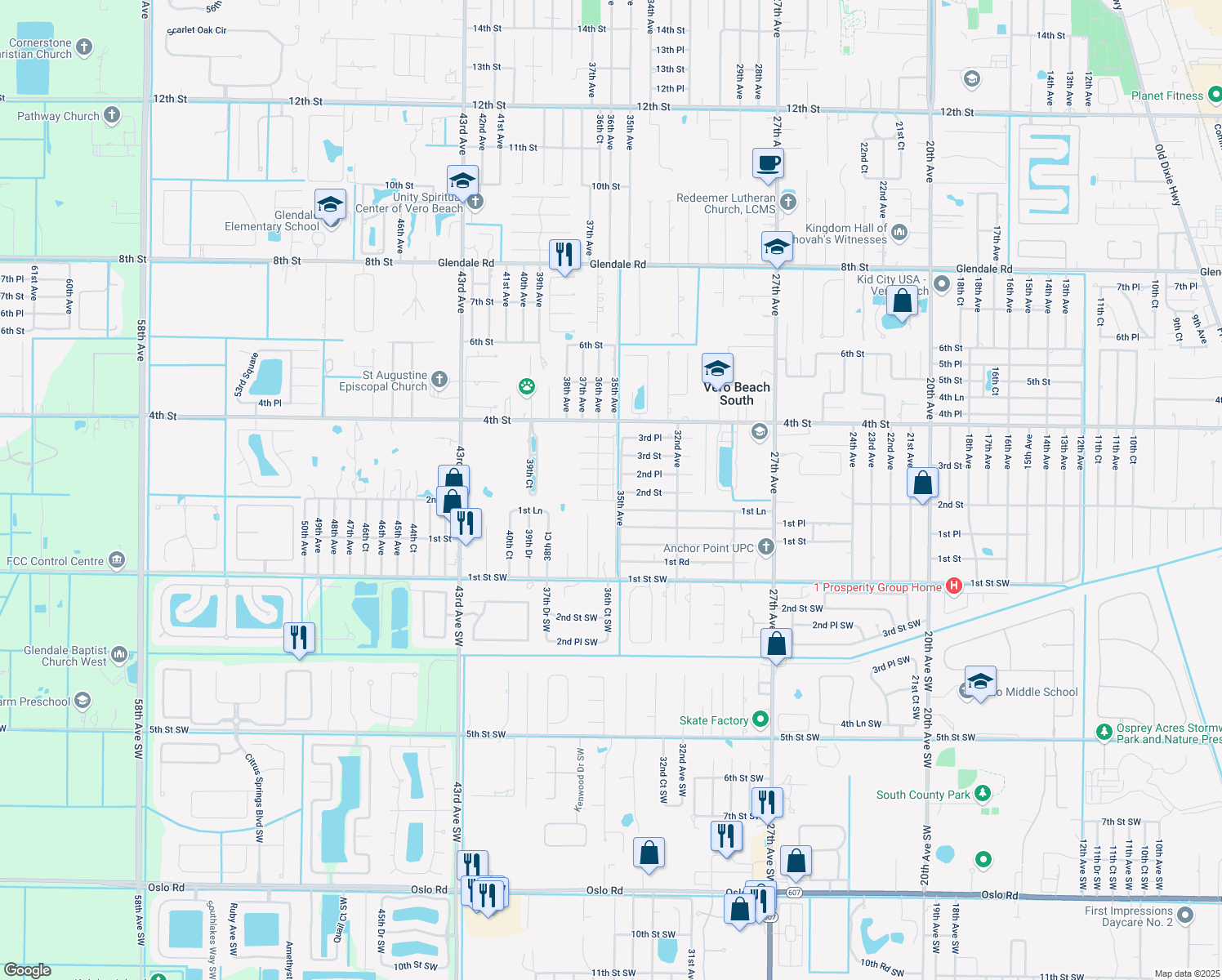 map of restaurants, bars, coffee shops, grocery stores, and more near 3505 2nd Place in Vero Beach