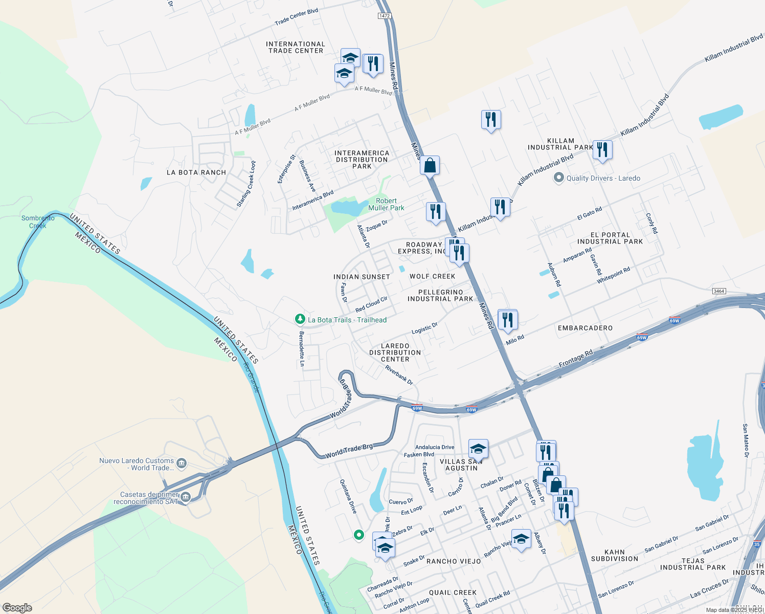 map of restaurants, bars, coffee shops, grocery stores, and more near 408 Lipan Dr in Laredo