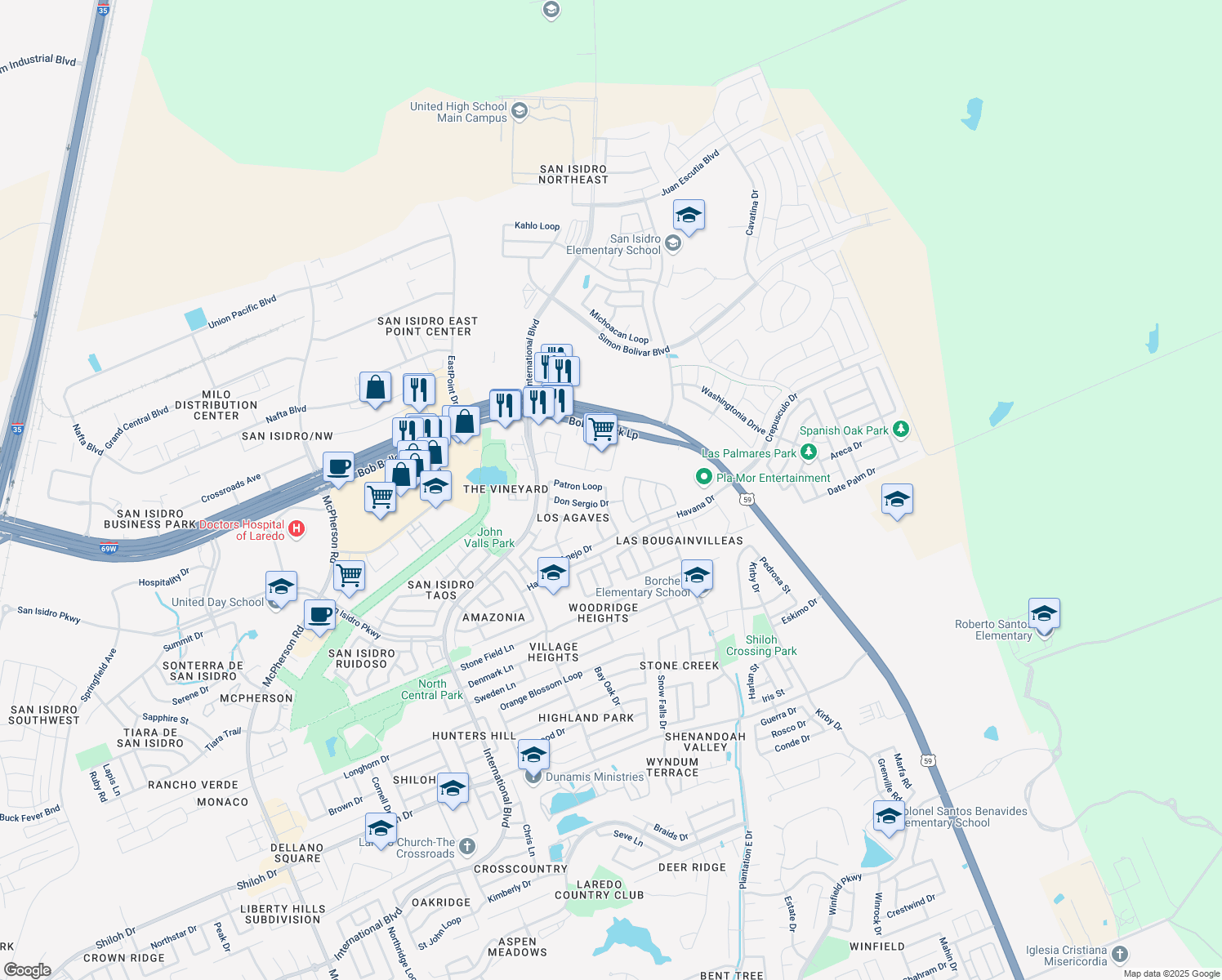 map of restaurants, bars, coffee shops, grocery stores, and more near 3113 Anejo Drive in Laredo