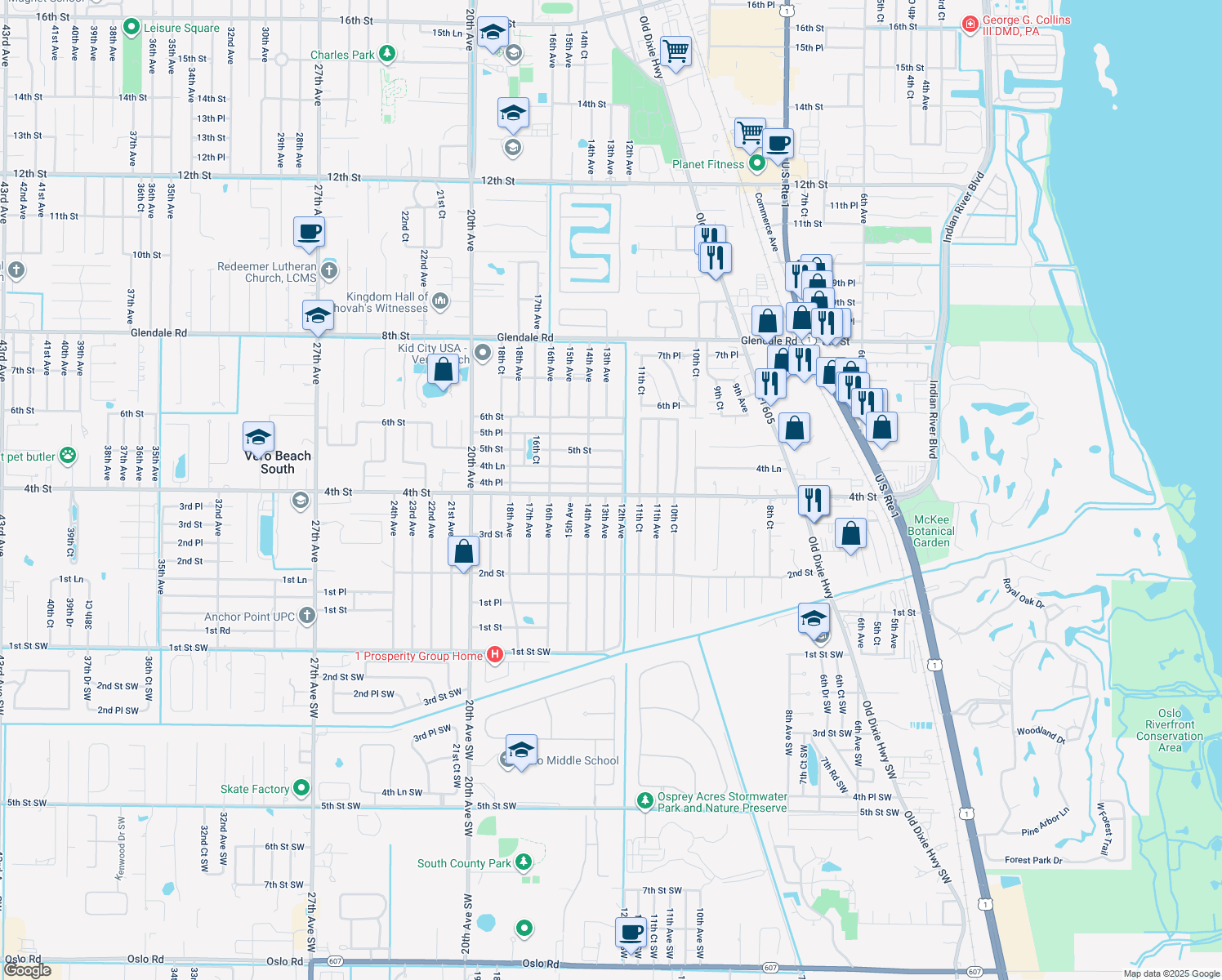 map of restaurants, bars, coffee shops, grocery stores, and more near 1246 4th Street in Vero Beach
