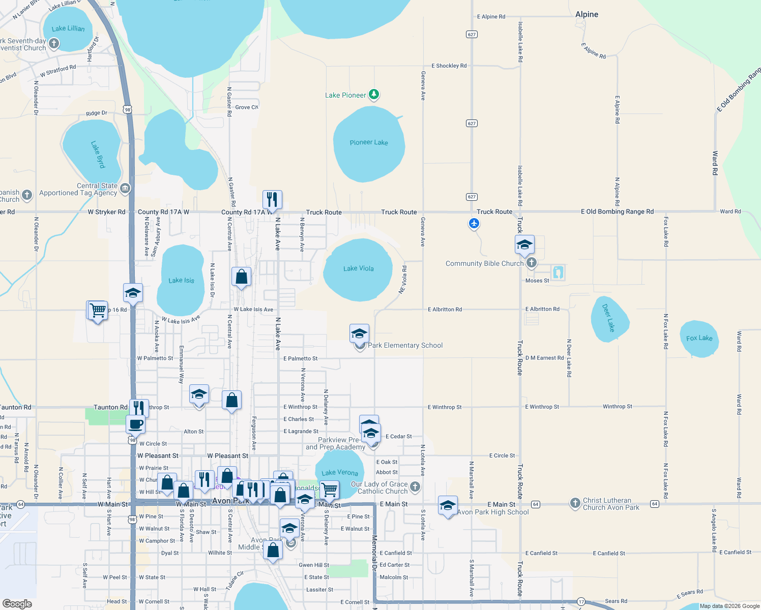 map of restaurants, bars, coffee shops, grocery stores, and more near 1367 Northeast Viola Road in Avon Park