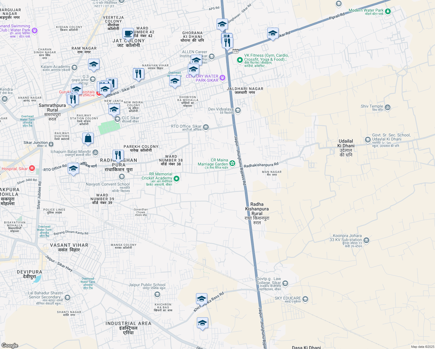 map of restaurants, bars, coffee shops, grocery stores, and more near in Sikar