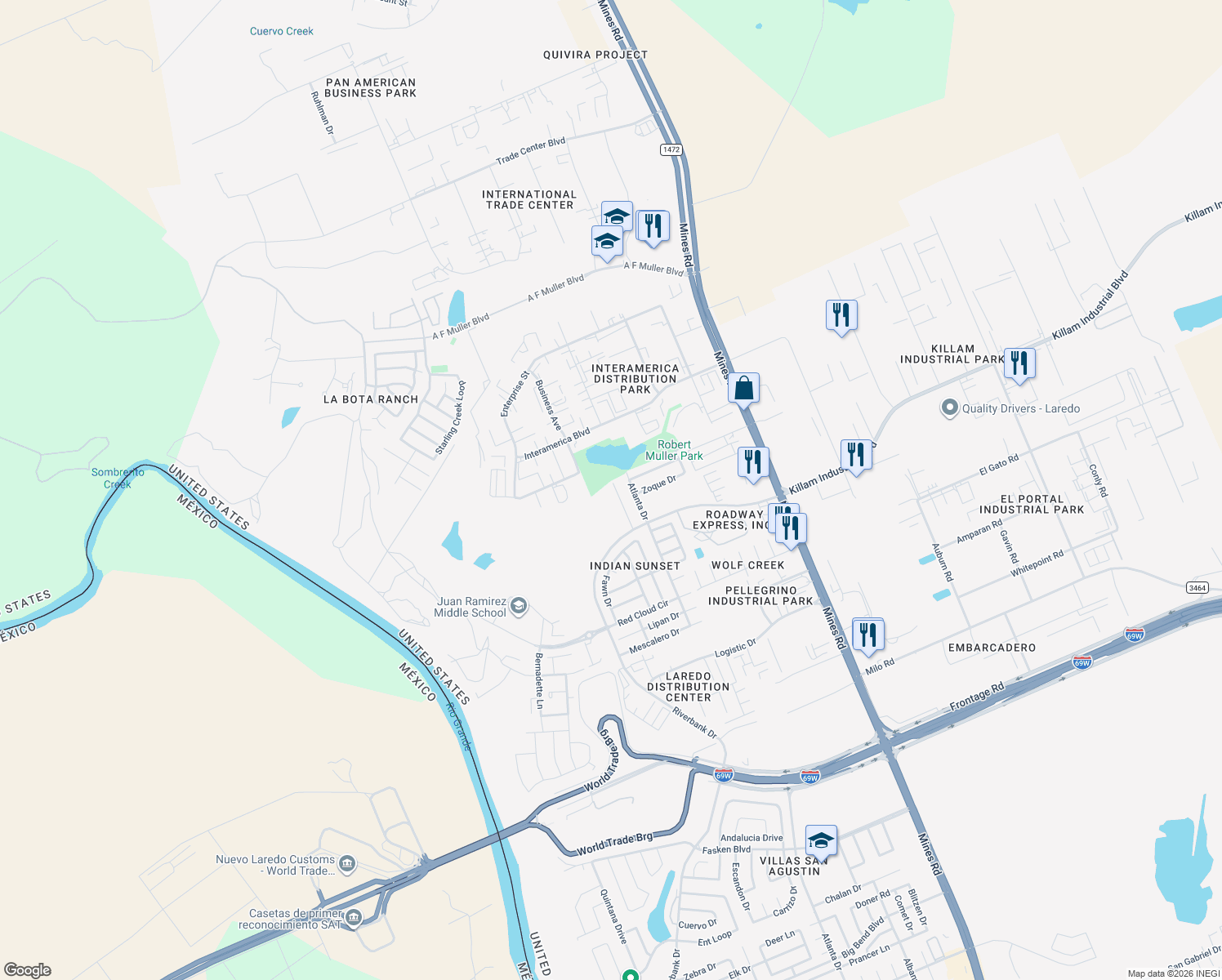 map of restaurants, bars, coffee shops, grocery stores, and more near 13134 Kickapoo Drive in Laredo