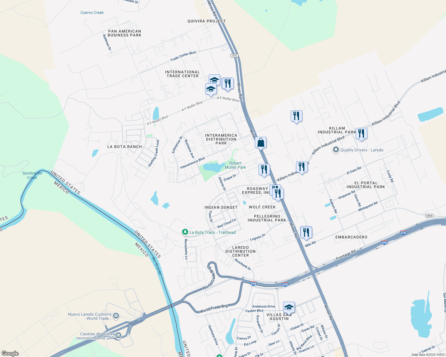 map of restaurants, bars, coffee shops, grocery stores, and more near 506 Zoque Dr in Laredo