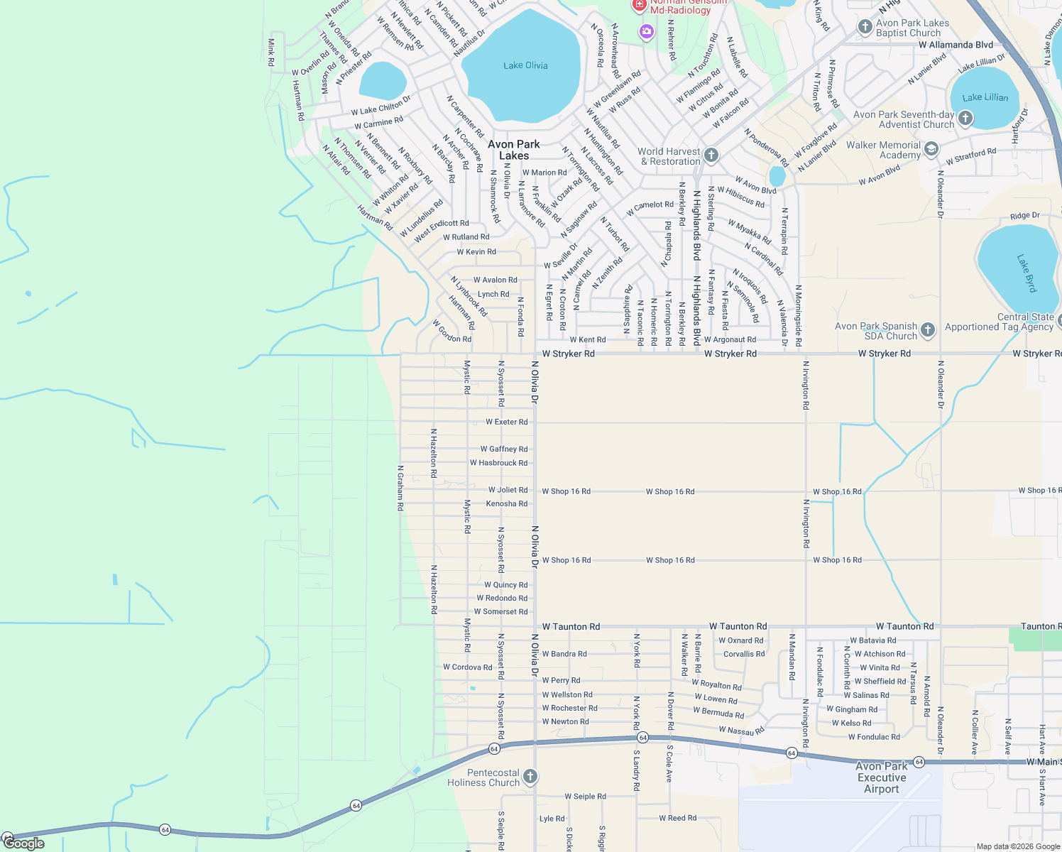 map of restaurants, bars, coffee shops, grocery stores, and more near 2713 West Exeter Road in Avon Park