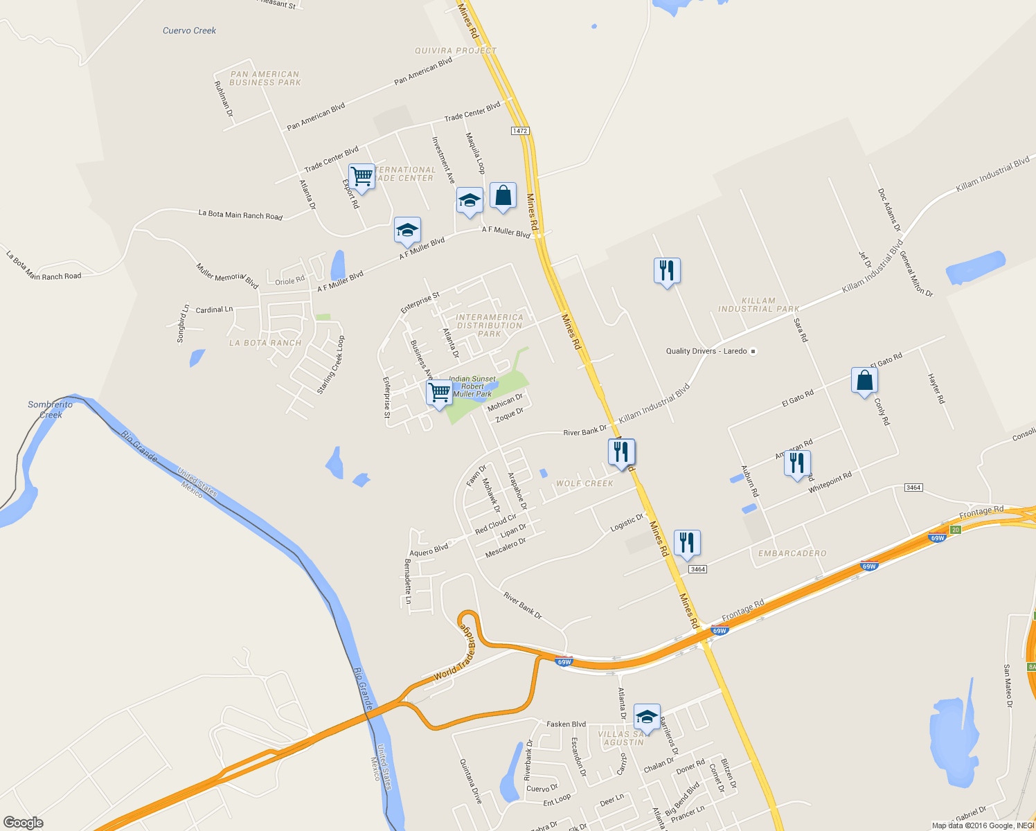 map of restaurants, bars, coffee shops, grocery stores, and more near 529 Zoque Dr in Laredo