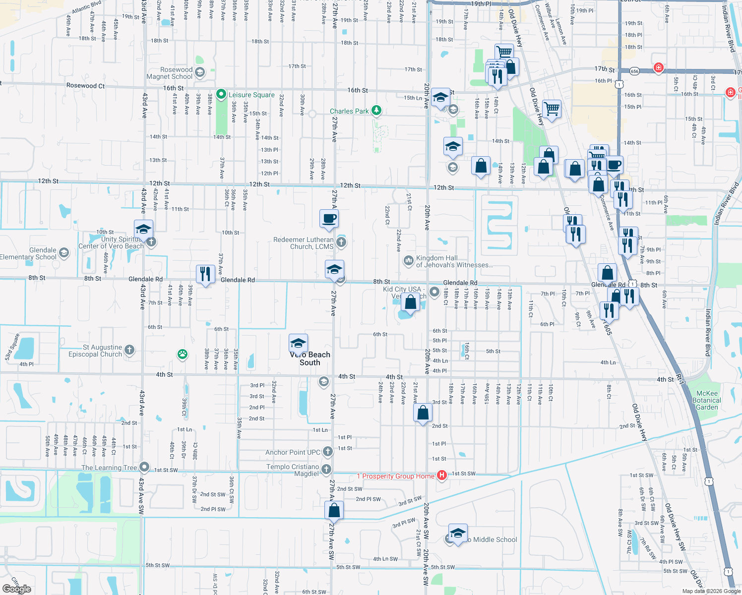 map of restaurants, bars, coffee shops, grocery stores, and more near 710 24th Square in Vero Beach