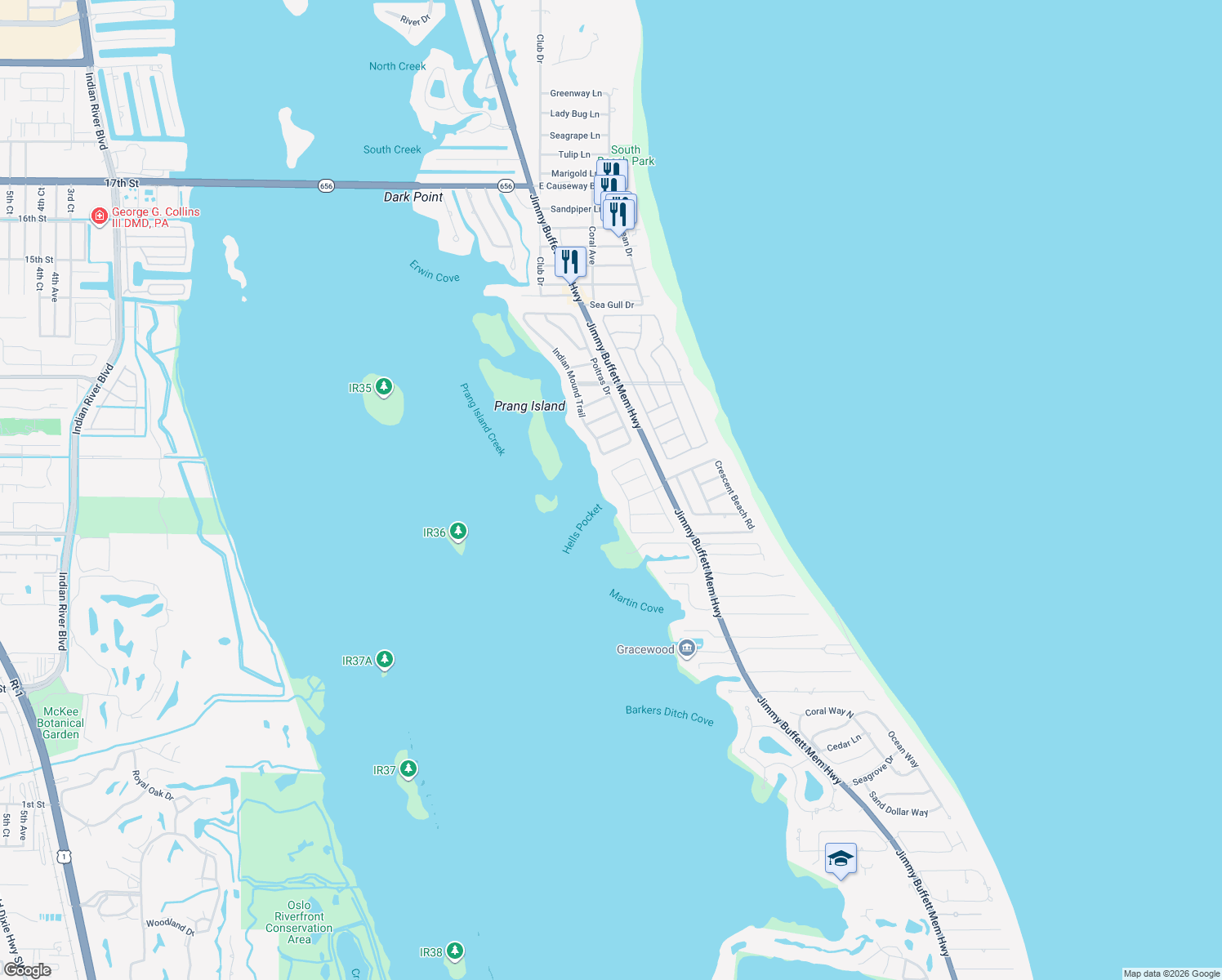 map of restaurants, bars, coffee shops, grocery stores, and more near 1065 Winding River Road in Vero Beach