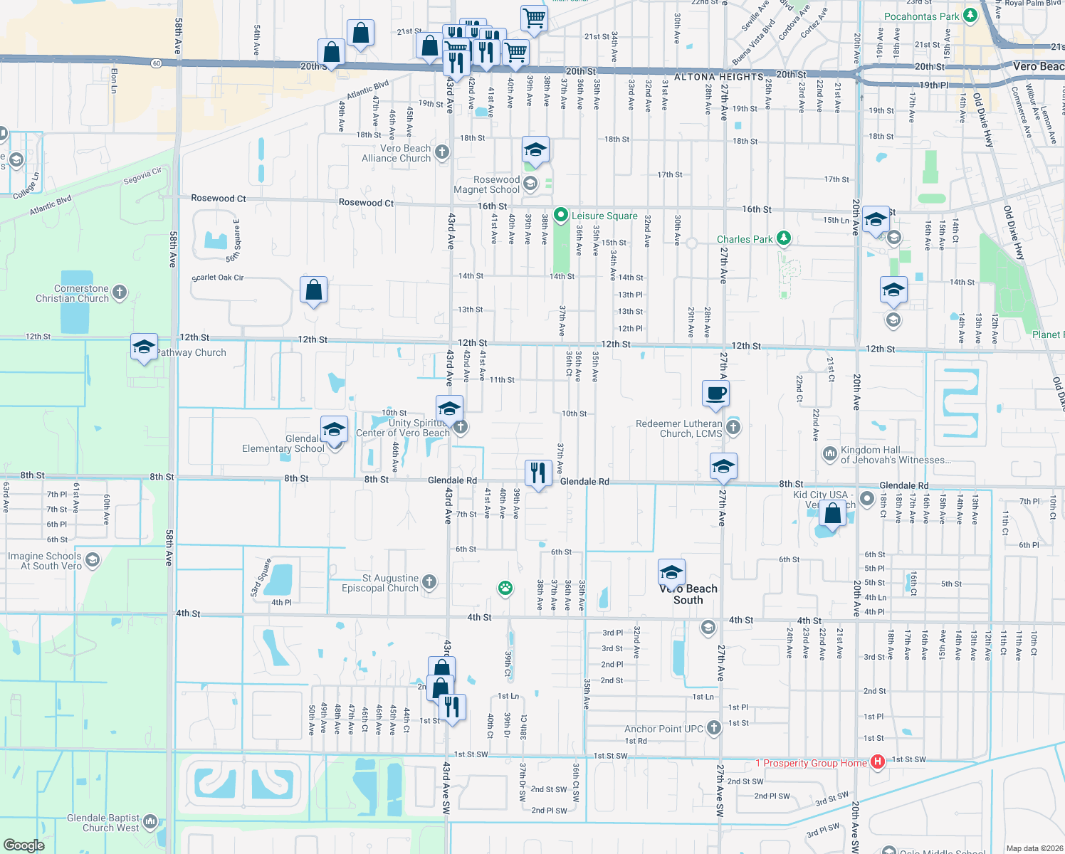 map of restaurants, bars, coffee shops, grocery stores, and more near 3827 9th Lane in Vero Beach