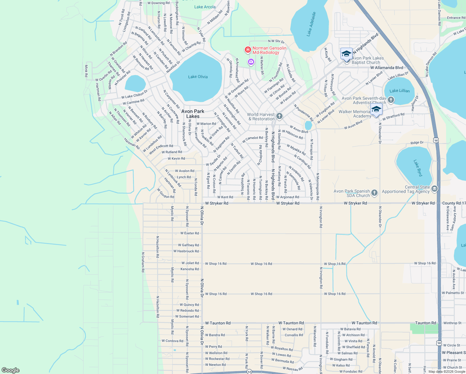 map of restaurants, bars, coffee shops, grocery stores, and more near 2469 West Phorus Road in Avon Park